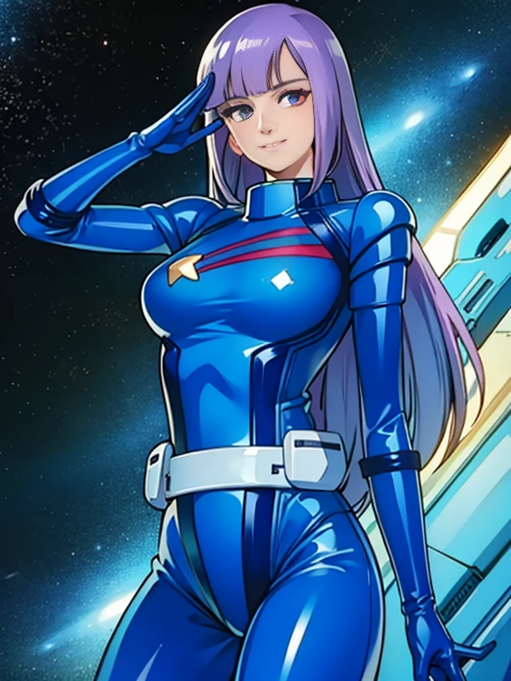 masterpiece,cg,best quality,highres,good anatomy,extremely delicate and beautiful,(semi-realistic:1.5),detailed eyes,perfect face,beautiful face,1girl,solo,louka,blue pilot suit, long hair, purple hair, latex suit, white belt,star mark, light smile,closed mouth, facing viewer,salute,standing beside window,cowboy shot,inside spacecraft,galaxy,planet,glass,