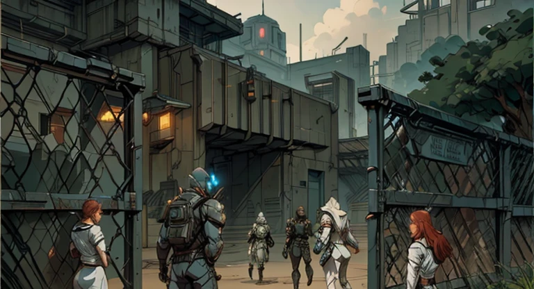 establishing shot, concept art for a video game, wide establishing shot, digital sketch, concept art!, Science fiction A research facility that is surrounded by a gate is a secure facility that restricts unauthorized access, armed guards patrolling the perimeter