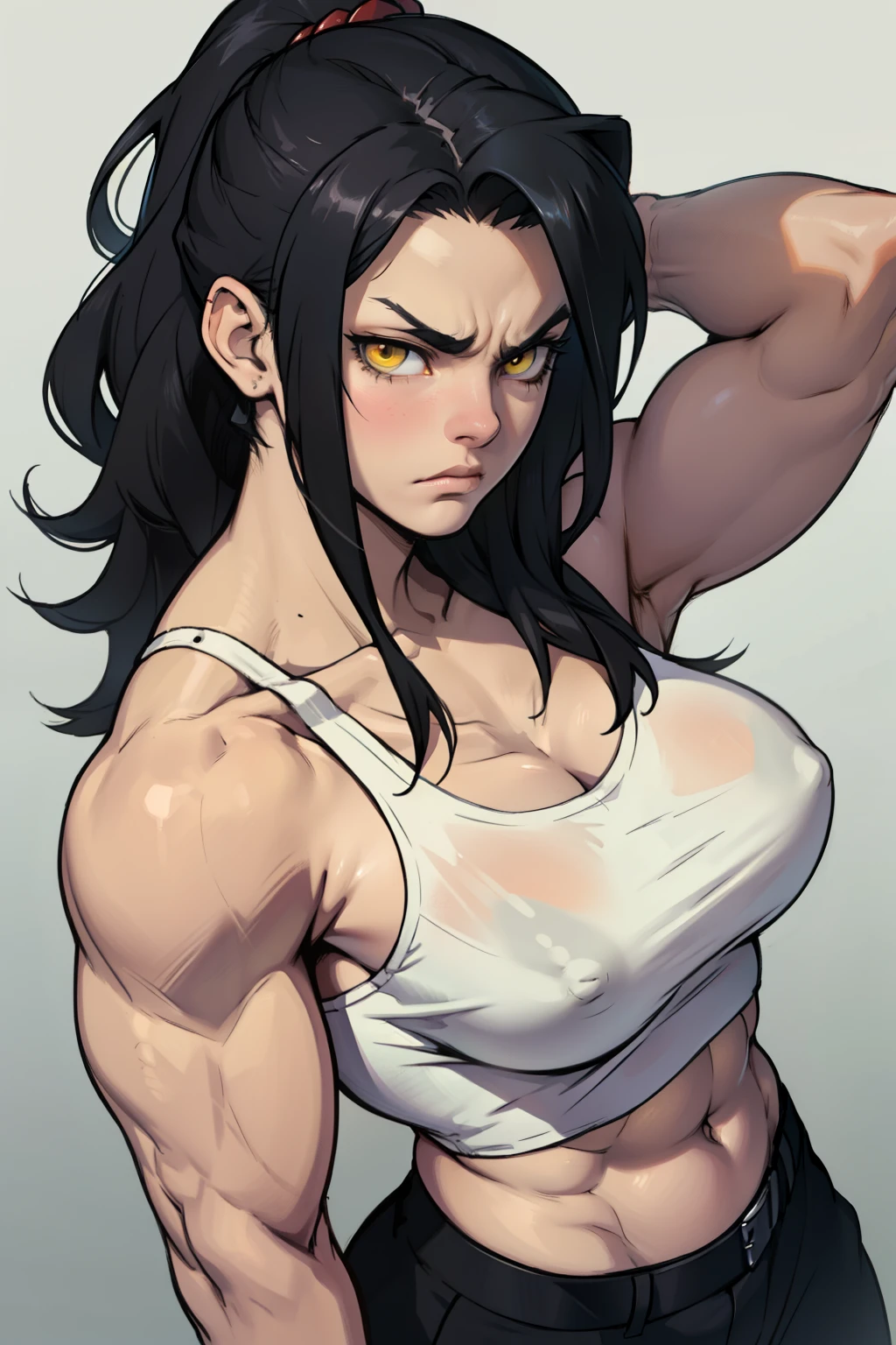 (muscular girl thick breasts) black hair yellow eyes pale best quality sad frown