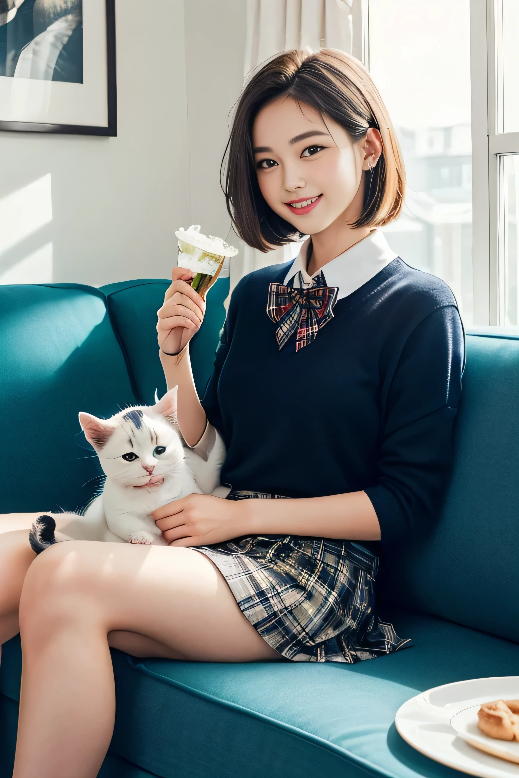 1womanl、(beauitful face:1.2)、(Sitting on the sofa at home and holding a cute cat:1.5)、Smiling、(Cute American shorthair with blue eyes)、(White Persian cat)、(high-school uniform)、(Plaid mini skirt)、brown haired、(bare-legged)
