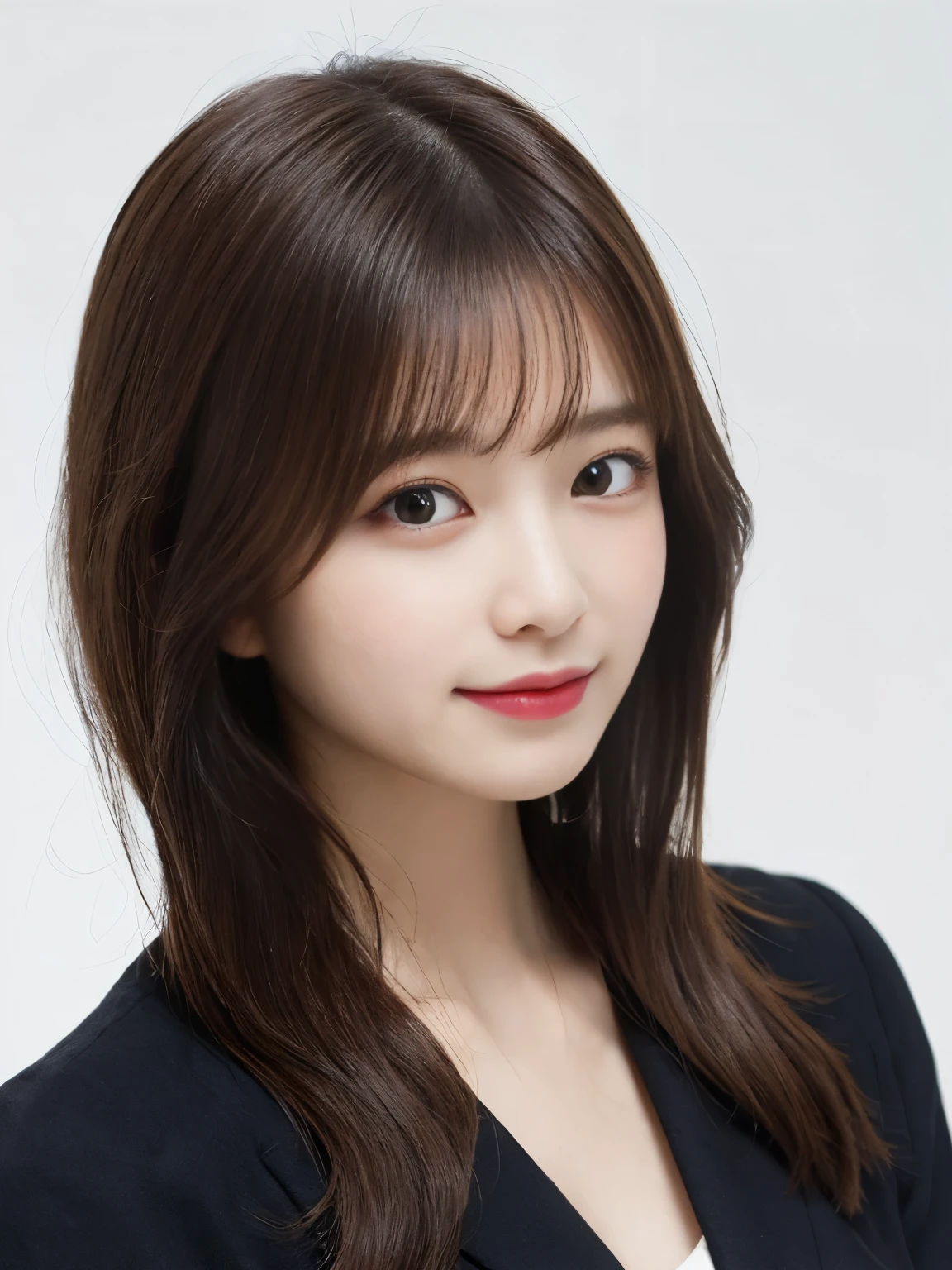 masutepiece, Best Quality, Illustration, Ultra-detailed, finely detail, hight resolution, 8K Wallpaper, Perfect dynamic composition, Beautiful detailed eyes, she is wearing a black work jacket,Medium Hair,Natural Color Lip, Smile,Harajuku、20 years girl、Cute、is looking at the camera、C Cup、Brown hair、with a pure white background