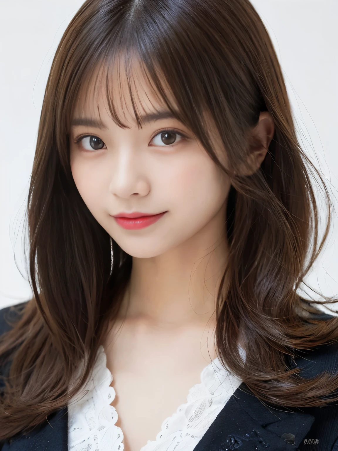 masutepiece, Best Quality, Illustration, Ultra-detailed, finely detail, hight resolution, 8K Wallpaper, Perfect dynamic composition, Beautiful detailed eyes, she is wearing a black work jacket,Medium Hair,Natural Color Lip, Smile,Harajuku、20 years girl、Cute、is looking at the camera、C Cup、Brown hair、with a pure white background