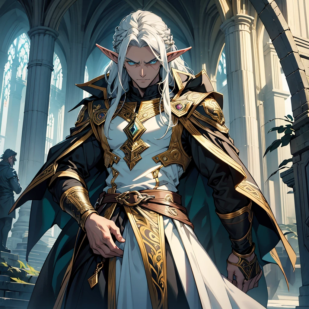 a photo of Rutrem Vulior, an elf, male, with an imposing appearance. He has a tall, slender stature, with long, silver hair that falls elegantly over his shoulders. His eyes are an intense shade of green, conveying wisdom and dexterity, he wears fluid and enigmatic clothes, with details in gold and silver, which reflect his connection with the magical world. He is a forensic investigator. comic style. character study, multiple poses and expressions