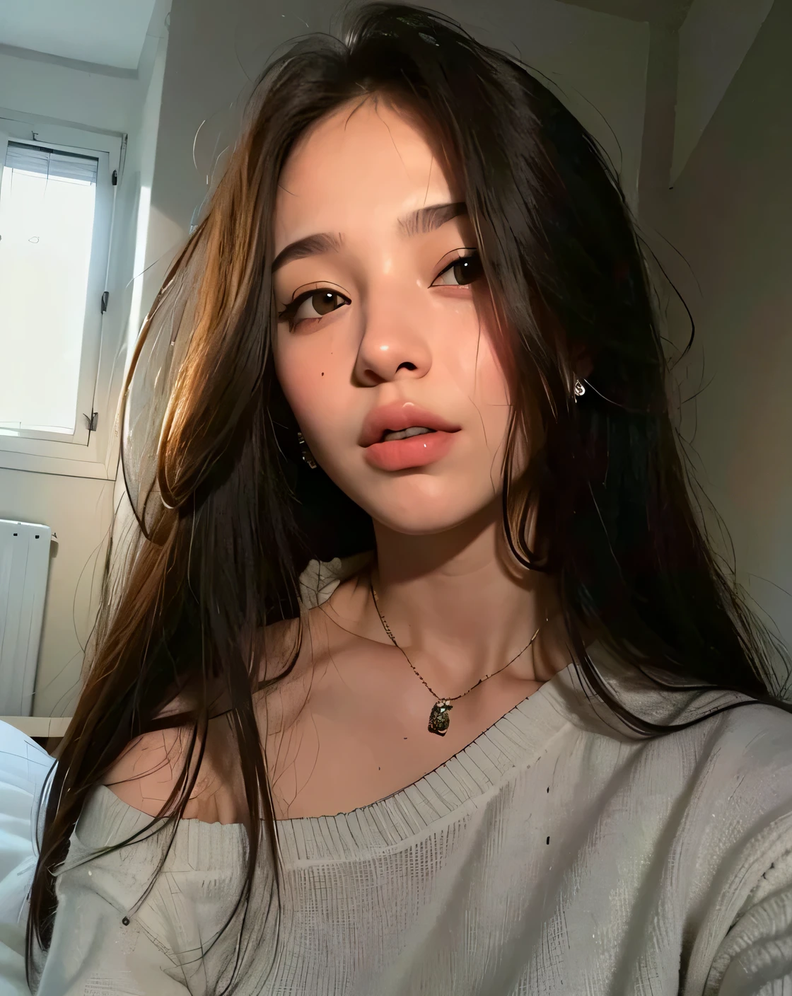 There is a woman with long hair and a necklace around her neck, 18 anos, 🤤 retrato da menina, 19-year-old girl, menina atraente, rosto perfeito ), rosto extremamente bonito, uma bela adolescente, Retrato Sophie Mudd, 1 6 anos, pale-skinned persian girl, com cabelos longos e olhos penetrantes, menina jovem bonita