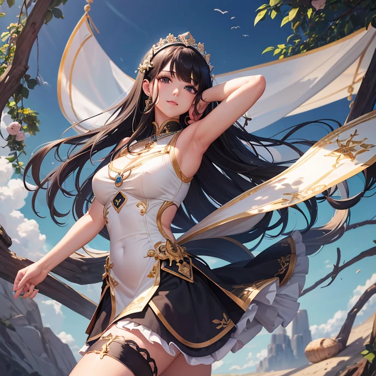 Super beautiful Chinese woman in white fairy dress, smiling, perfect body, charming figure, extreme fantasy background