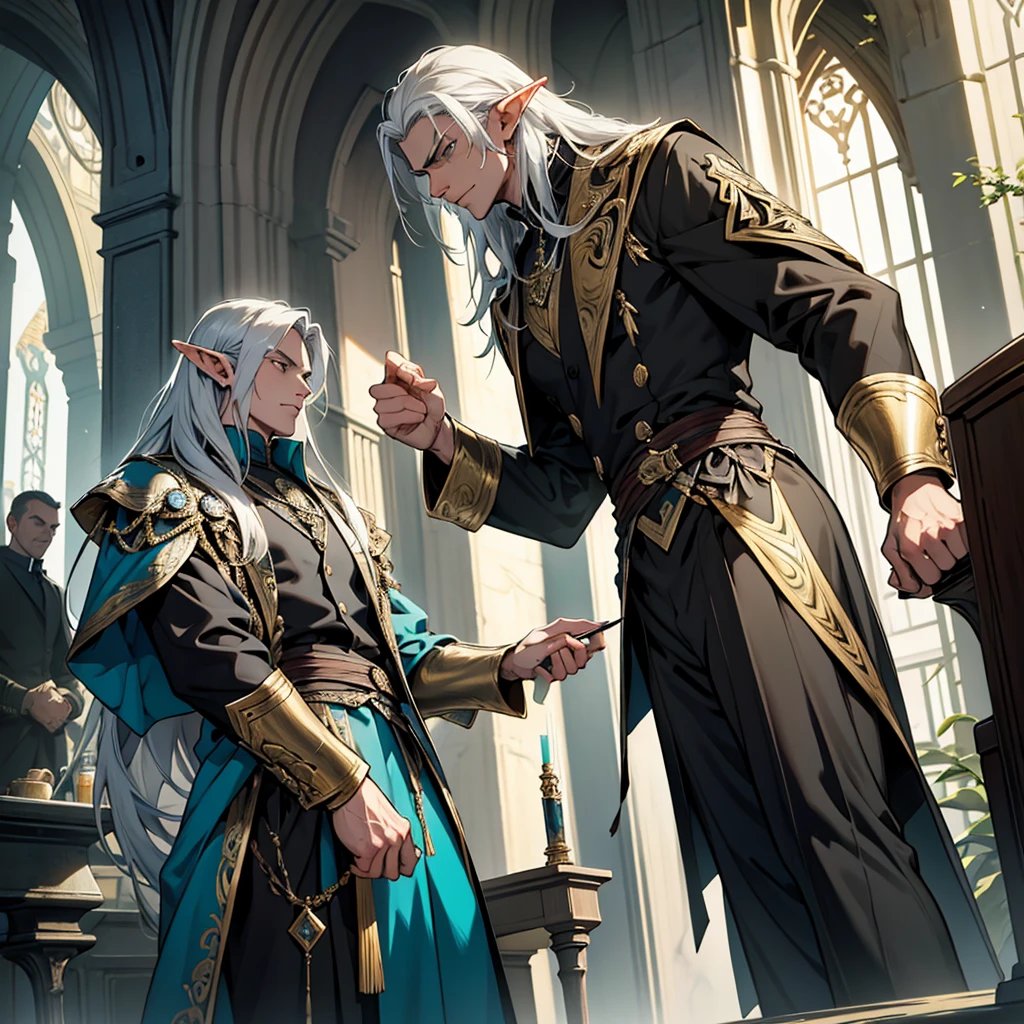 character study, multiple poses and expressions of Rutrem Vulior, an elf, male, with an imposing appearance. He has a tall, slender stature, with long, silver hair that falls elegantly over his shoulders. His eyes are an intense shade of green, conveying wisdom and dexterity, he wears fluid and enigmatic clothes, with details in gold and silver, which reflect his connection with the magical world. He is a forensic investigator. comic style.