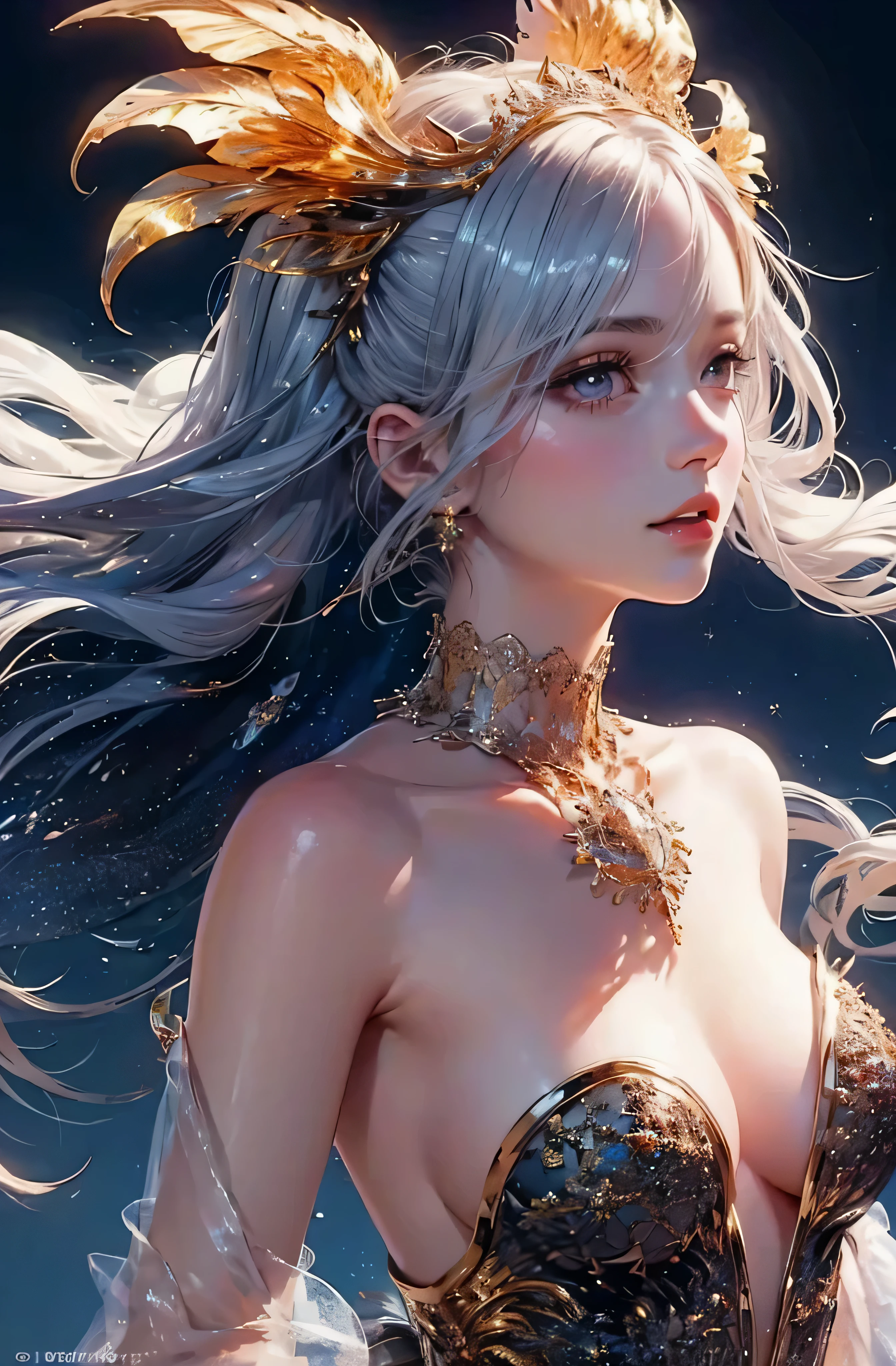 Castle in the distance、The face is front、Looking at the camera、profile、8K、realphoto、超A high resolution, Master Parts, Best Quality, nffsw , cinematic images,Lovely girl、ann、16 only、annグロサクソン、二重まぶた、drooing eyes、Very big eyes、Eyes purple、Dark eye shadow、The lips are very thin、The tip of the nose stretches beautifully.........................................、small nostrils,,,,, ighly detailed , Silver hair、Straight short hair、ssmile、 Sweet look 、、Very clear shadows , jewely , A detailed eye, very intricate, shiny skins , パーフェクトブリリannト, Perfect Lighting, Dramatic shadows、White tiara on head、Gold necklace around the neck、White aristocratic dress with gold embroidery、Glass High Heels、Angel White Wings