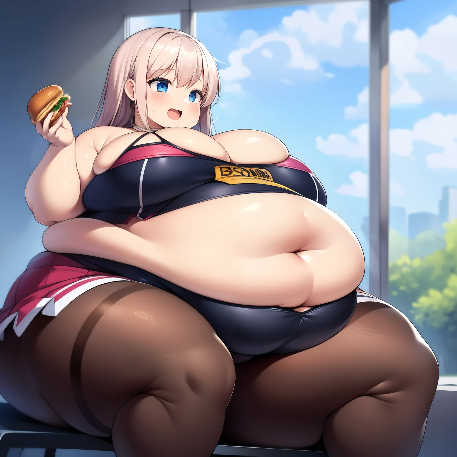 (High aesthetics)), hoch bewertet, absurdres, Absurd resolution, hight resolution, high resolution, best quality, full entire body, only 1 girl, ((nur)), Commission for weight gain, Schattierung, Beleuchtung, Zellulitis, gierig Burger essen, sich auf den Boden setzen, Loli mit einem riesigen Bauch, der wie eine riesige Kugel geformt ist, der Bauch ist massive, er ist unrealistisch riesig, schwarzes Haar, das schulterlang ist, Tragen Sie Kleidung, which is suitable for indoor use