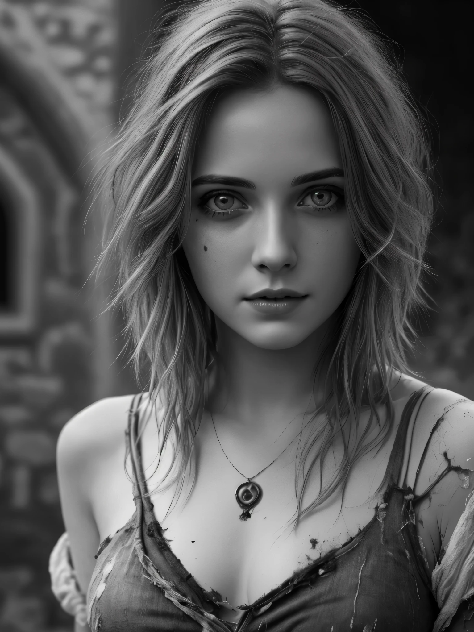 Photorealistic, masterpiece grayscale photo, woman with messy hair and poor tattered clothes, cute sexy, (detailed medieval background), ultra sharp focus, detailed face, (((posing))), random hair color, short hair, beautiful eyes, full body, high quality black and white image