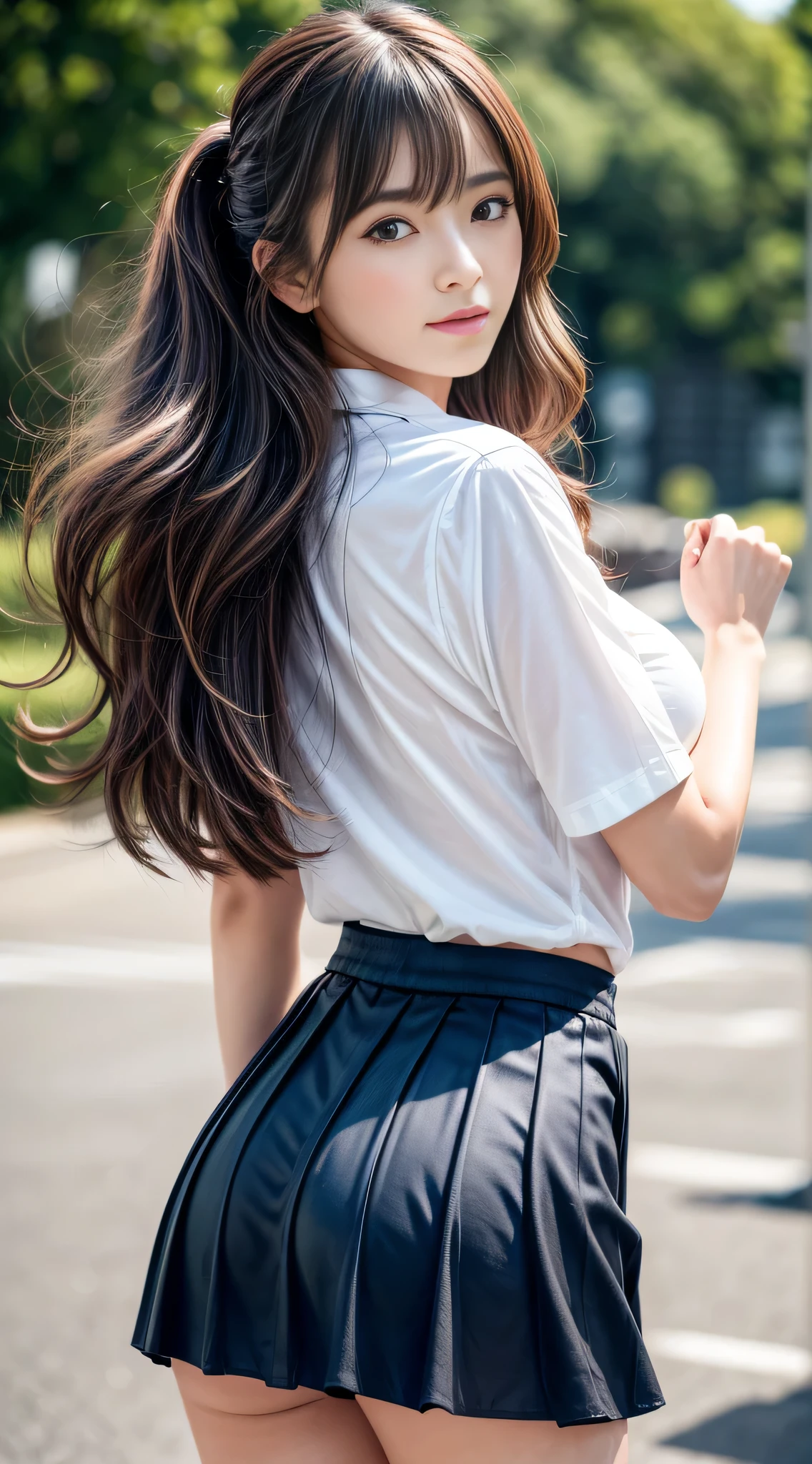 (8K, RAW Photo, Best Quality, Masterpiece: 1.2), (Realistic, Photorealistic: 1.37), Best Quality, Ultra High Resolution, Photon Mapping, Radiosity, Physically Based Rendering, Blur, Foreground, Depth of Field, Blurred Background, Photo_\ (Medium), Motion Blur, Girl, (Full Body), Back Figure, Long Legs, Thin Legs, Long Hair Arrangement,( (Upstyle)), Bangs, (bangs visible), hair_ornament, Lips, Hair clip, Solo, brown_eyes, nosesoft, sheer white blouse, miniskirt, stockings, lower,