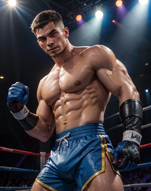 Subzero from mortal Kombat, doing boxing, in a fighting ring, looking at camera , shirtless
