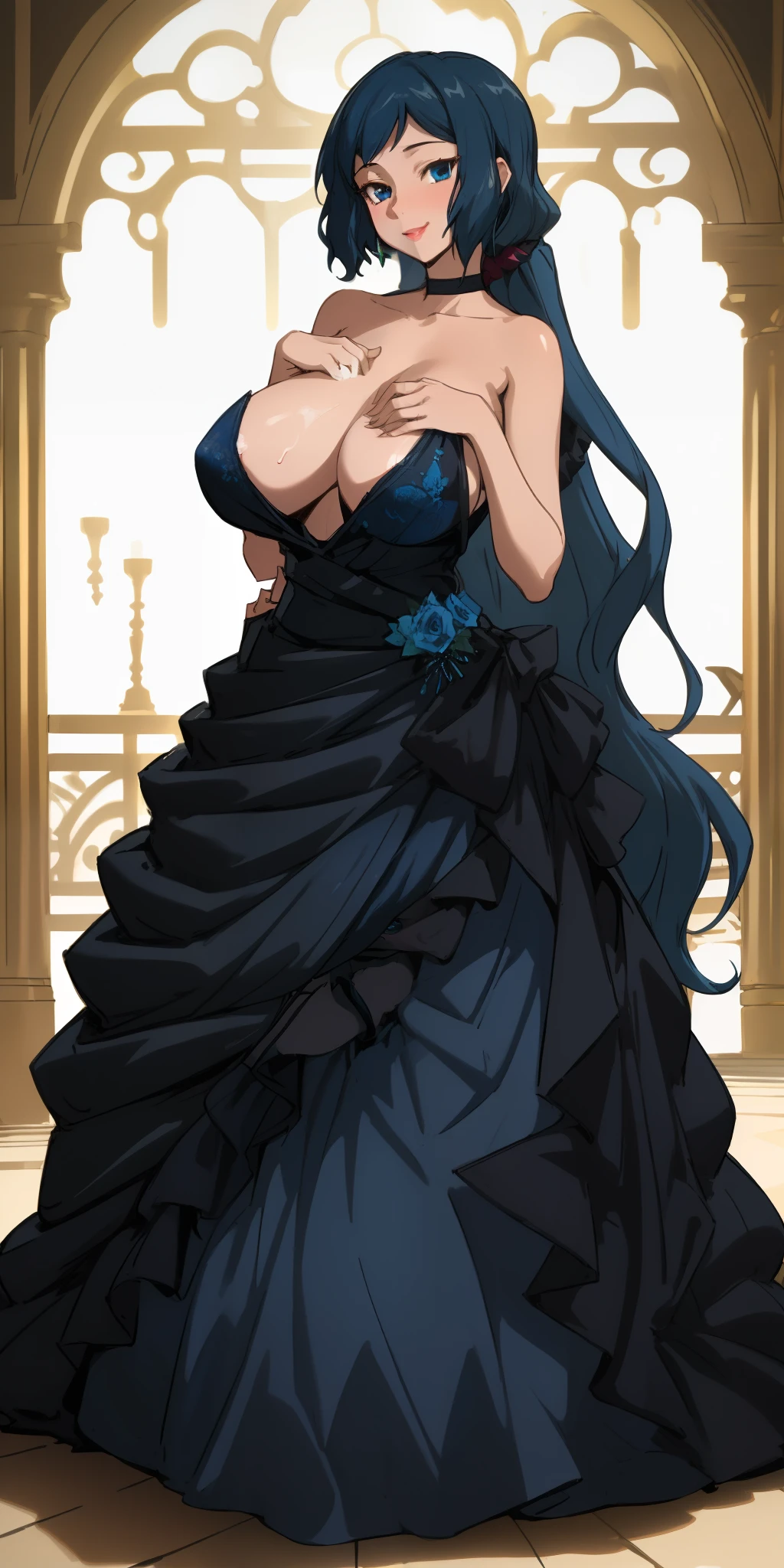 Masterpiece, absurderes, delicate detail, HDR, highly detailed face and eyes, Photorealistic, Smiling, , Ball gown, Woman in black dress( Rinko Iori,Sexy, A voluptuous and sexy body, huge breasts, dark blue hair, long hair, blue eyes), Posing for a photo. , Wearing a ball gown, Outstanding golden embroidery,