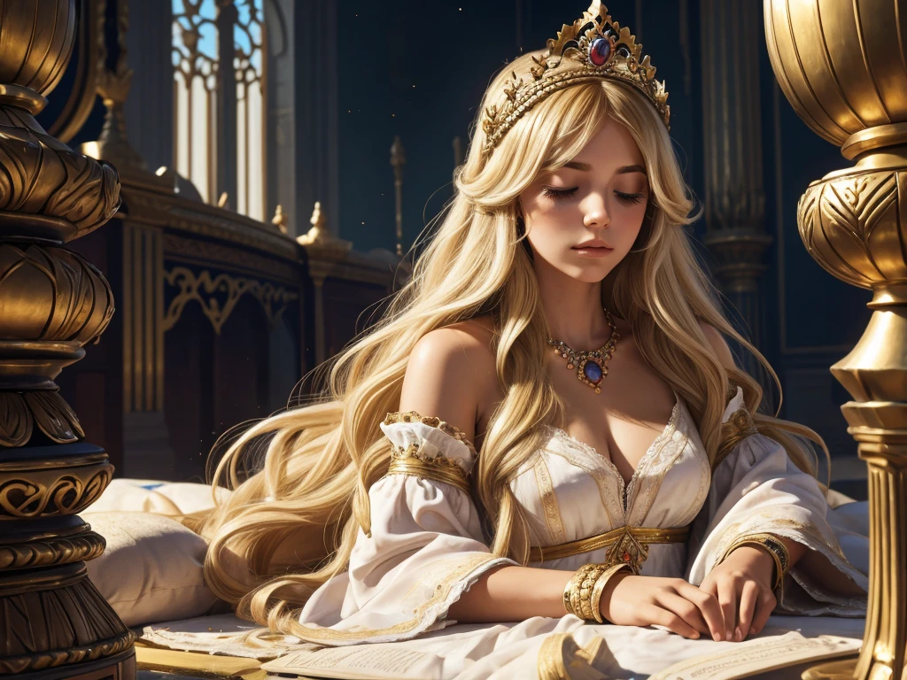 Princess Leila, surrounded by a chaotic mess in her grand palace, lay peacefully asleep, with tousled blonde hair covering her sleepy face.
