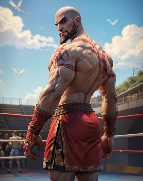 Kratos from God of war doing boxing, in a fighting ring, looking at camera , shirtless