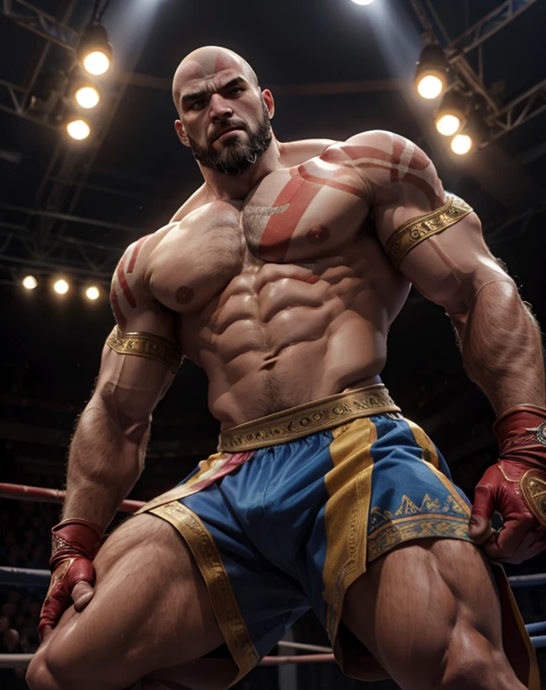 Kratos from God of war doing boxing, in a fighting ring, looking at camera , shirtless