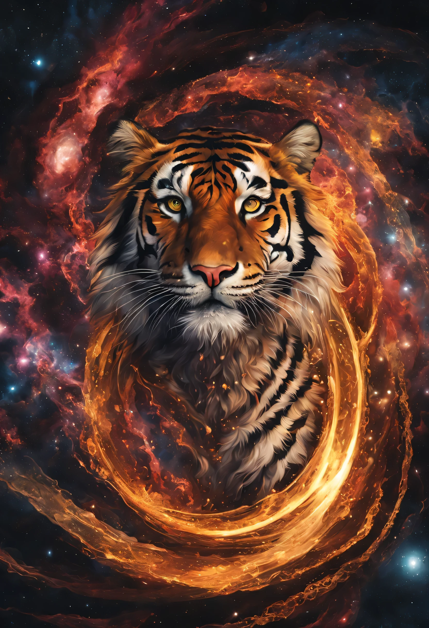 CHAMPAGNE, TIGER, GOLD, ELASTIC AND SKYLINE  In a dimension where stars collide, the legendary tiger emerges as an embodiment of celestial fury. Its body is a symphony of radiant colors, mirroring the birth of stars. Its eyes blaze with cosmic fire, and tendrils of energy arc around its form like ethereal lightning. The serpent's presence commands both awe and fear, as it harnesses the power of the cosmos itself, Amidst a cosmic maelstrom, where galaxies spiral and stars explode, the serpent reigns supreme, Epic, cataclysmic, and transcendent, evoking the power of celestial forces.Style: Ultra-realistic digital painting with intricate details and a dynamic interplay of colors.Execution: Rendered in a hyper-realistic style, using advanced digital techniques to capture the complex interstellar environment and the serpent's celestial energ