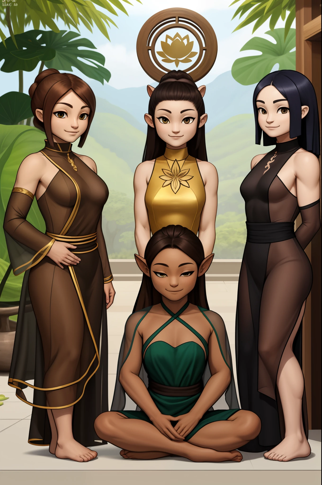 I wanted an image of three different avatars, um vestido com roupas azuis, o outro com roupas em chamas, o outro com roupas marrons, ouro, informs about a lotus position, transparente no topo v3