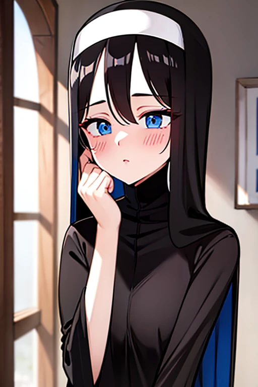 Nun in love Blush Black straight hair Blue eyes Sexy Fringe
