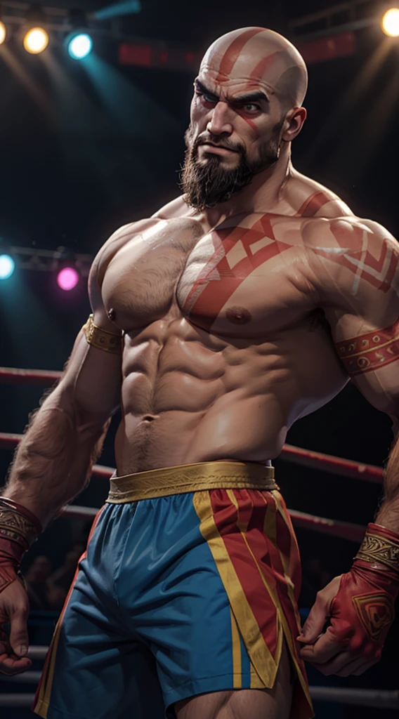 Kratos from God of war doing boxing, in a fighting ring, looking at camera , shirtless