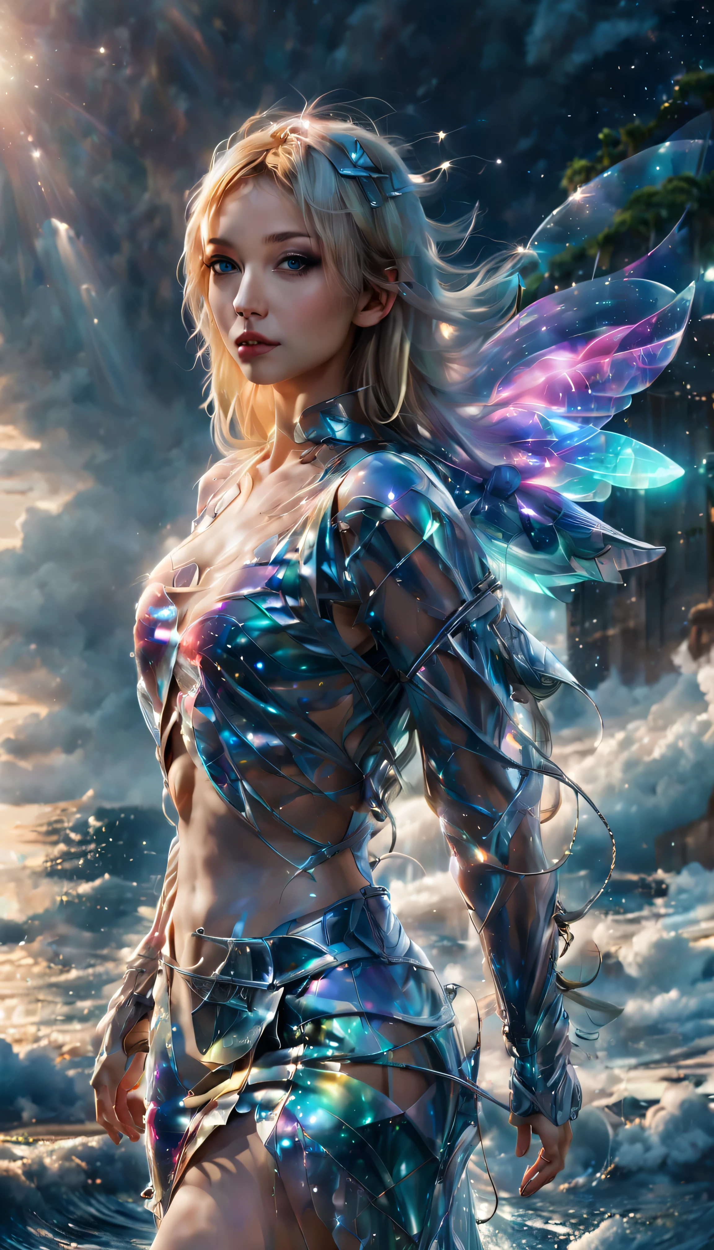 chromatic aberration,holographic,iridescent opaque thin film RGB,transparent vinyl clothing,transparent PVC,reflective clothing,futuristic clothing,crop,angel,wingsgorgeous,aluring girl,blonde,blue-eyed,flirting and appealing,background is beach overlooking ocean,8k,high detailing,wide angel full body shot,photo realistic