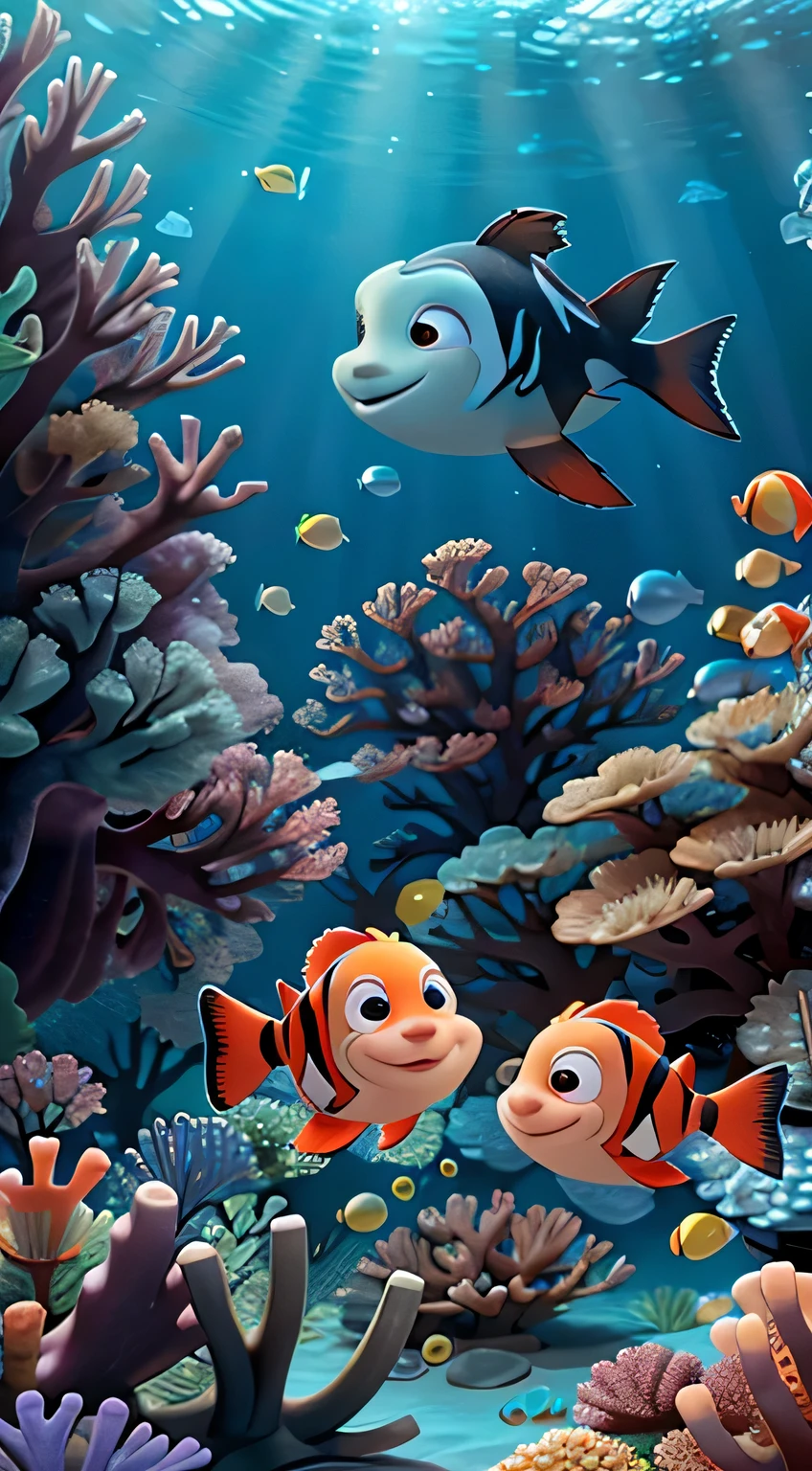 Exterior shot. A group of finding nemo swims in front of a coral reef underwater.