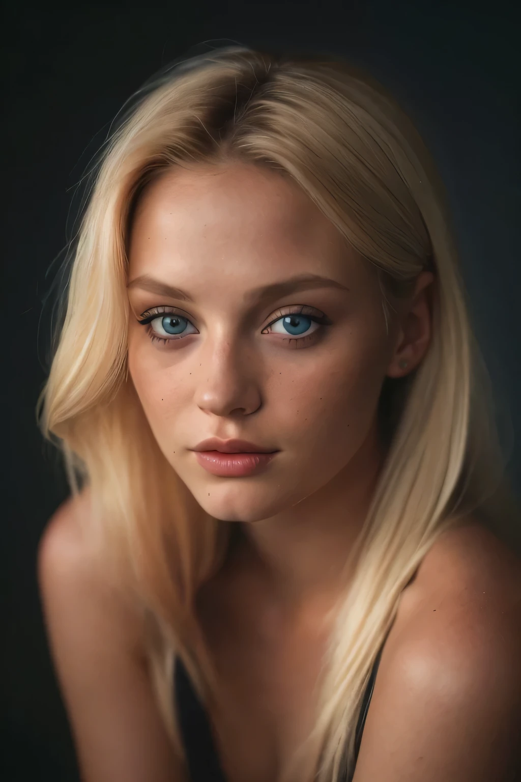 (close-up, editorial photograph of a blonde 21 year old woman), (highly detailed face:1.4)(blue eyes) (smile:0.7) (background inside dark, moody, private study:1.OV, by lee jeffries, nikon d850, film stock photograph ,4 kodak portra 400 ,camera f1.6 lens ,rich colors ,hyper realistic ,lifelike texture, dramatic lighting , cinestill 800, hair up