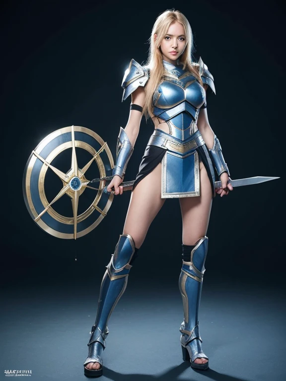 Angel girl, 1.50 meters tall, 18 years old, golden blonde hair, blue eyes, wearing Spartan style armor up to her waist and a skirt that reaches mid-thighs with arm guards and low-heeled sandals that cover up to her silver colored knee breasts H cup heart shaped waist with two pairs of large white wings measuring 1 meter long and wide and a sword at her waist a silver colored Spartan shield in her left hand and a spear of light in his right hand with a serious look