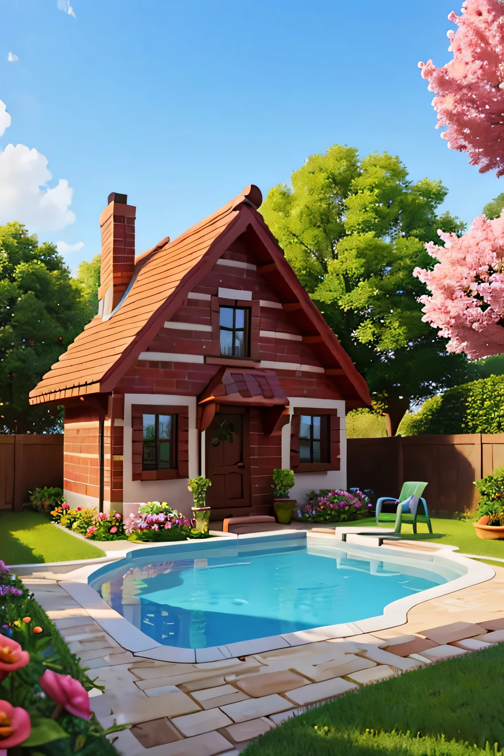 casa feita com tijolos coloridos, jardim com flores, trees and pool and attic.