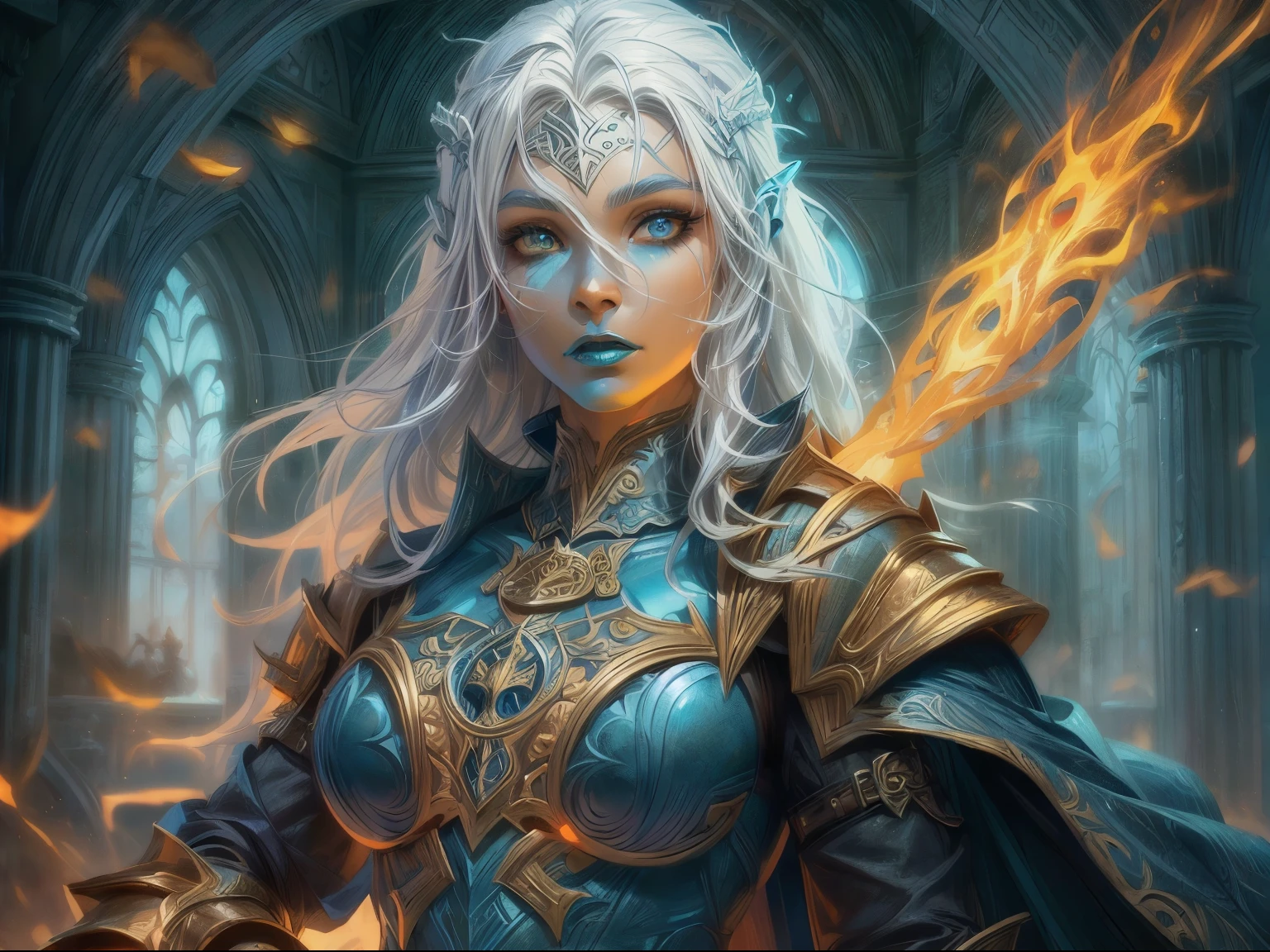 fantasy art, dnd art, RPG art, wide shot, (masterpiece: 1.4) portrait, intense details, highly detailed, photorealistic, best quality, highres, portrait a vedalken female (fantasy art, Masterpiece, best quality: 1.3) ((blue skin: 1.5)), intense details facial details, exquisite beauty, (fantasy art, Masterpiece, best quality) cleric, (blue colored skin: 1.5) 1person blue_skin, blue skinned female, (white hair: 1.3), long hair, intense green eye, fantasy art, Masterpiece, best quality) armed a fiery sword red fire, wearing heavy (white: 1.3) half plate mail armor CM-Beautiful_armor wearing high heeled laced boots, wearing an(orange :1.3) cloak, wearing glowing holy symbol GlowingRunes_yellow, within fantasy temple background, reflection light, high details, best quality, 16k, [ultra detailed], masterpiece, best quality, (extremely detailed), close up, ultra wide shot, photorealistic, RAW, fantasy art, dnd art, fantasy art, realistic art,