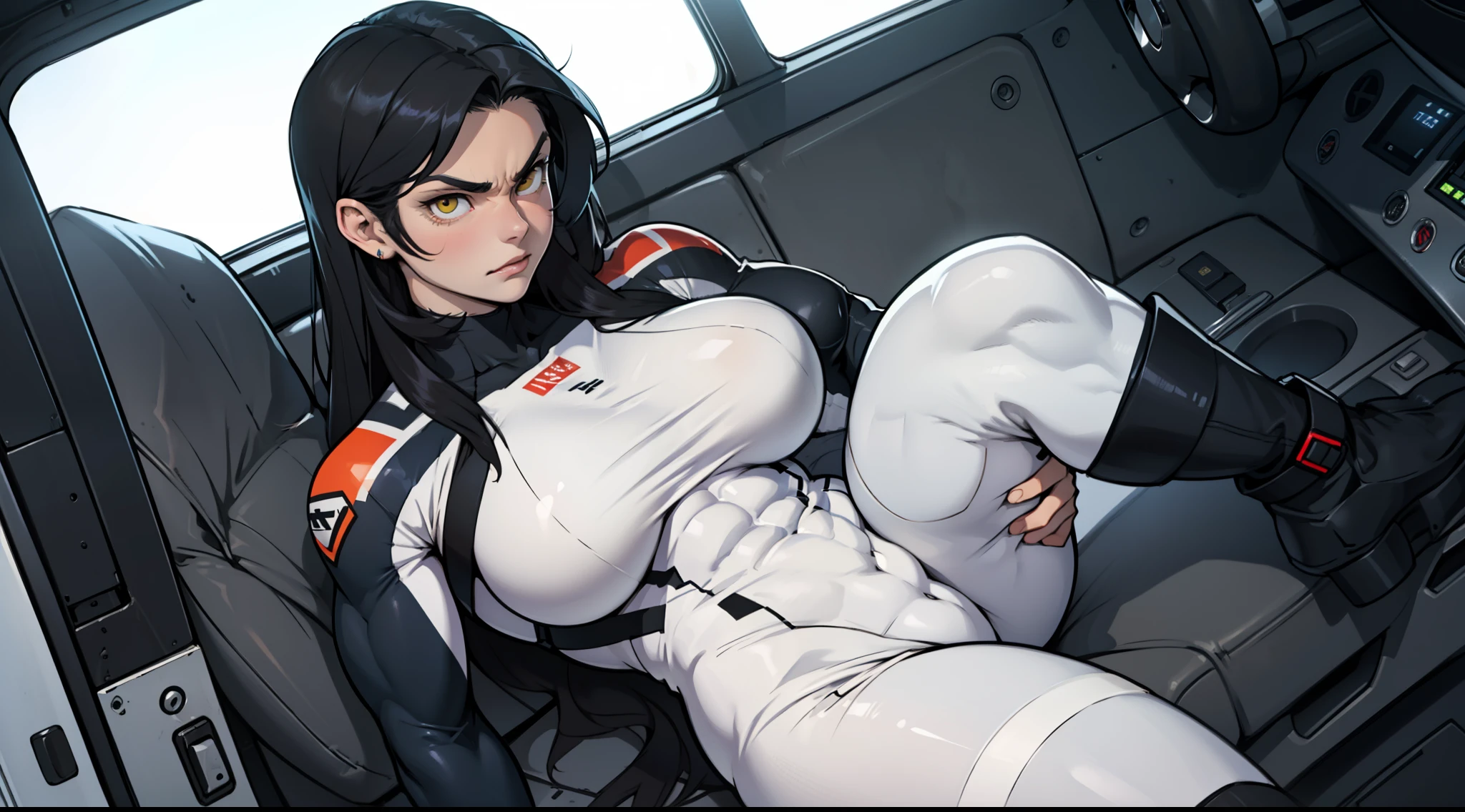 angry girl pale skin (((((muscular girl))))) (((thick))) (((large breasts))) pilot suit bodysuit black hair yellow eyes very long hair very long hair very long hair solo solo solo