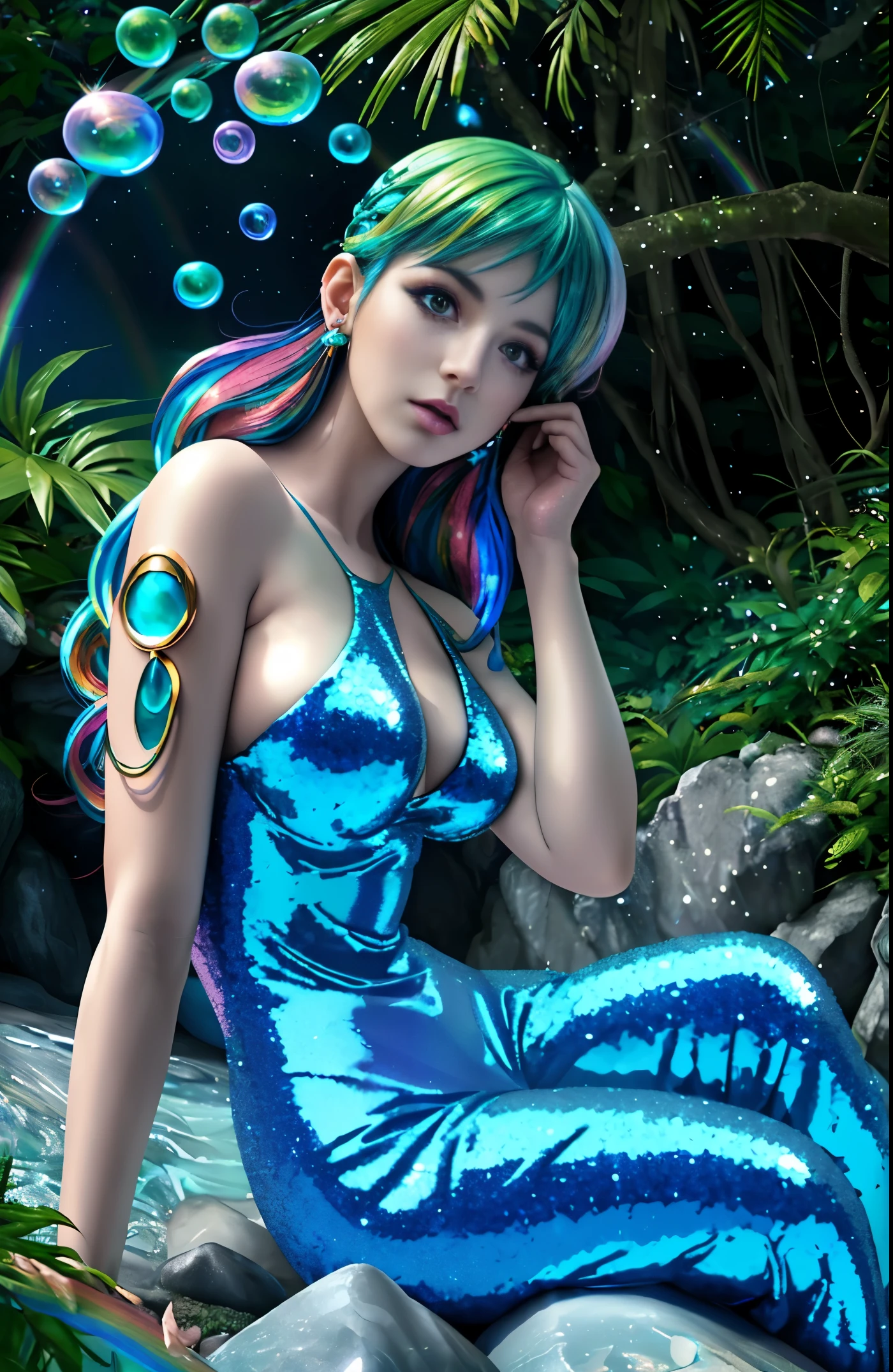 A beautiful fairy long blue and white ((rainbow hair))with green bubbles on her skin wearing a blue greenish a shiny bodysuit with huge bell shape earrings moving rock with her mind and hands dsynopic, hd ((glittery plant life landscape))photorealistic fantasyart, detailed, realistic face,, artstation, hd, octane render, hyperrealism"