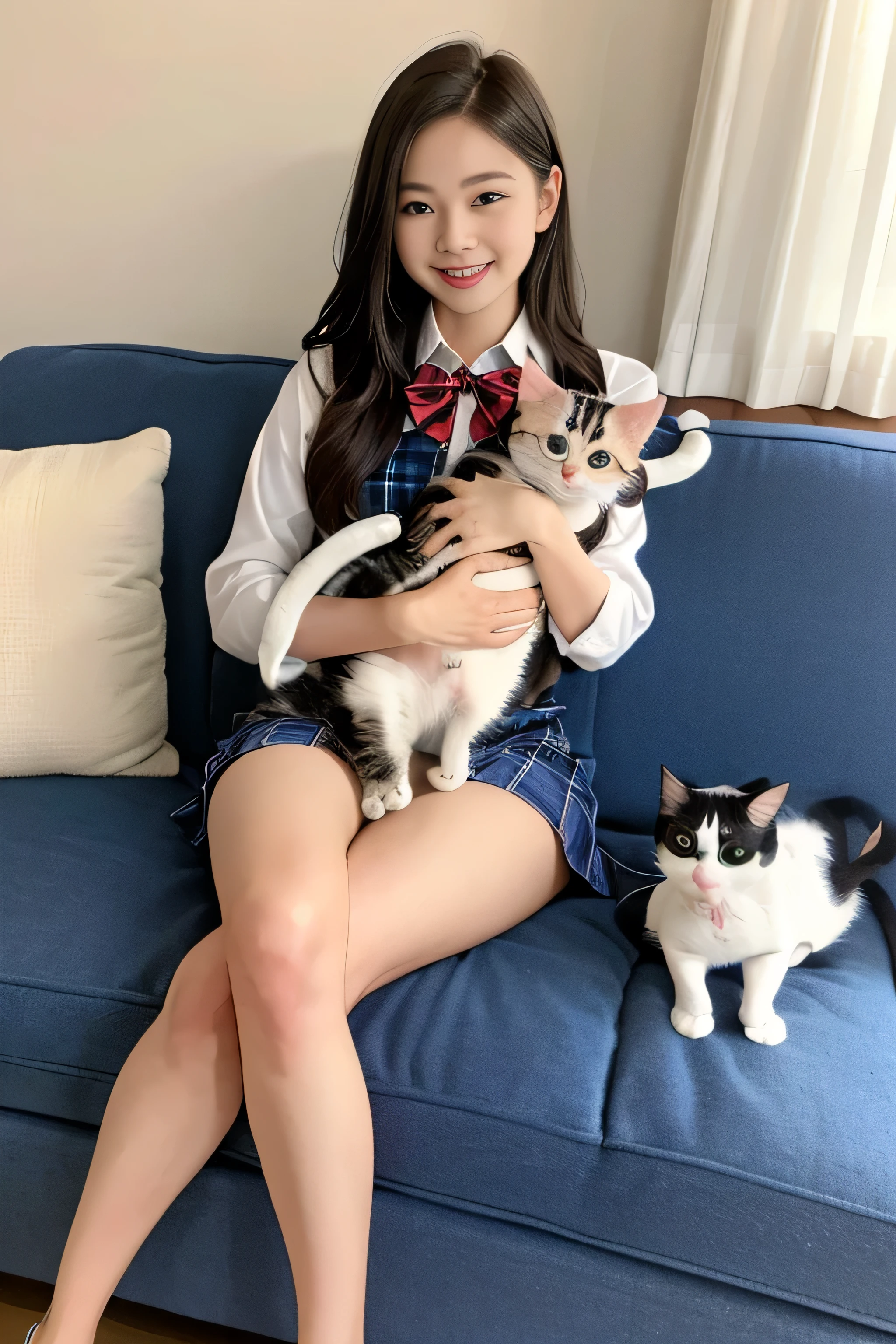 1womanl、(Sitting on the sofa at home and holding a cute cat:1.5)、Smiling、(Cute American shorthair with blue eyes)、(White Persian cat)、(high-school uniform)、(Plaid mini skirt)、brown colored long hair、(bare-legged)
