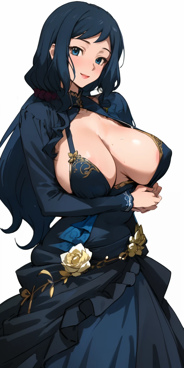 Masterpiece, absurderes, delicate detail, HDR, highly detailed face and eyes, Photorealistic, Smiling, , Ball gown, Woman in black dress( Rinko Iori,Sexy, A voluptuous and sexy body, huge breasts, dark blue hair, long hair, blue eyes), Posing for a photo. , Wearing a ball gown, Outstanding golden embroidery,