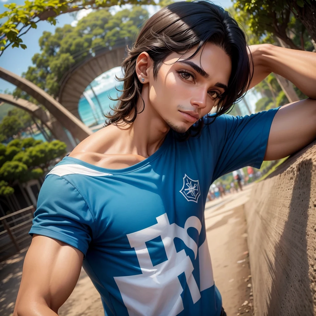 Um garoto com topete loiro, olhos azuis, pele morena, camiseta branca, e fundo de um parque