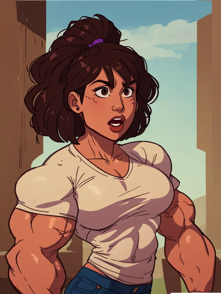 muscle girl with High cheekbones and a strong jawlineflexing muscles wearing purple muscle shirt and light blue jeans, her hair a rich chestnut brown, giving her a dynamic and youthful appearance, muscle woman, big muscles, huge muscles, massive muscles, muscle girl, bronze skin, Her facial features are a mix of determination and kindness, with expressive eyes that radiate a sense of adventure