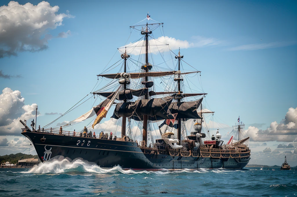Em alto mar, um navio pirata, imenso, long and long and all made of wood with visible cannons, demonstrando o poder, strength and superiority.