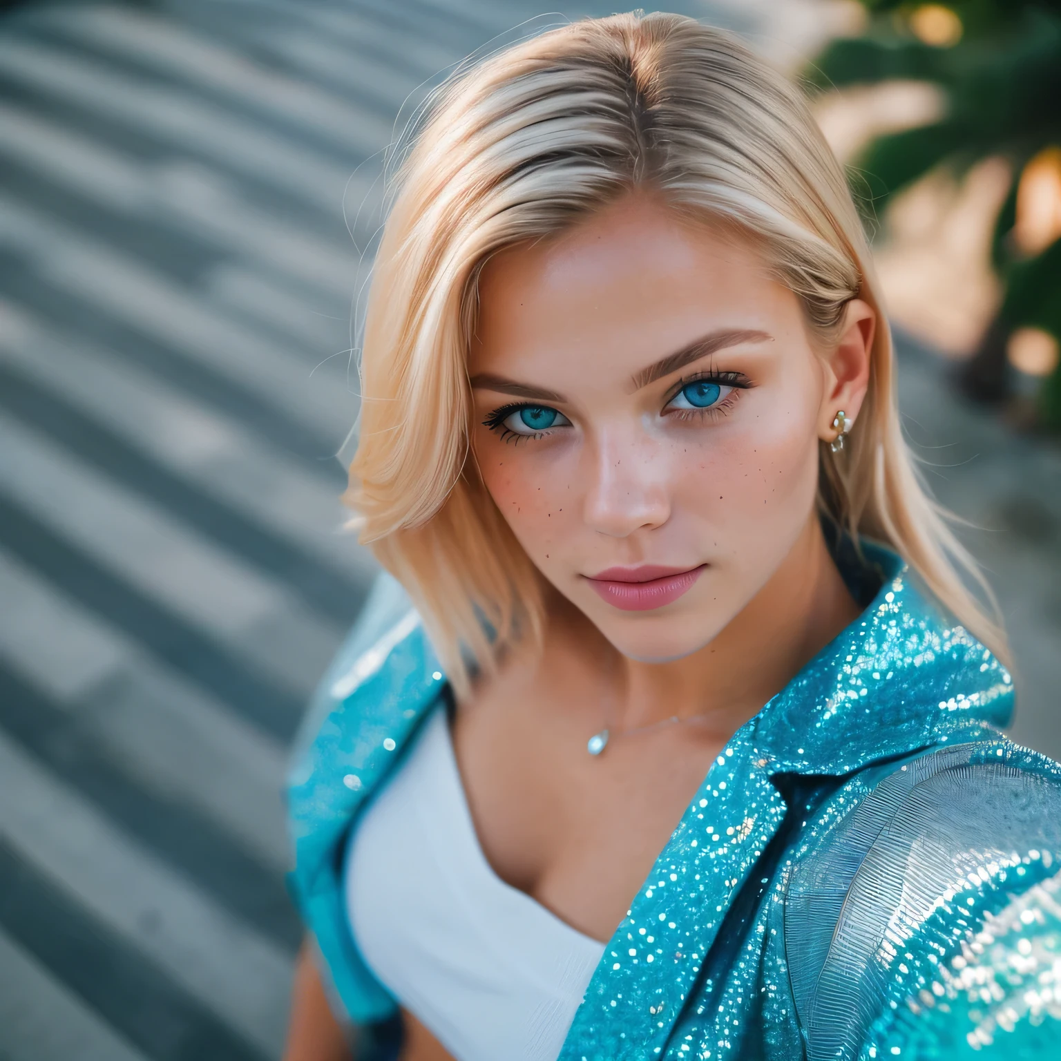 (selfie, top view: 1.4), (straight half of the body: 1.4), RAW UHD portrait photo of a 24-year-old blonde (blue-eyed woman) walking down on the beach, palm trees, (skirt), (neckline), details (textures! , hair! , glitter, color!! , disadvantages: 1.1), glossy eyes with high detail (looking at the camera), SLR lighting, SLR camera, ultra-quality, sharpness, depth of field, film grain (center), Fujifilm XT3, crystal clear, frame center, beautiful face, sharp focus, street lamp, neon lighting, bokeh (dimly lit), night, (night sky), detailed skin pores, oily skin, sunburn, complex eye details, full body, large breasts