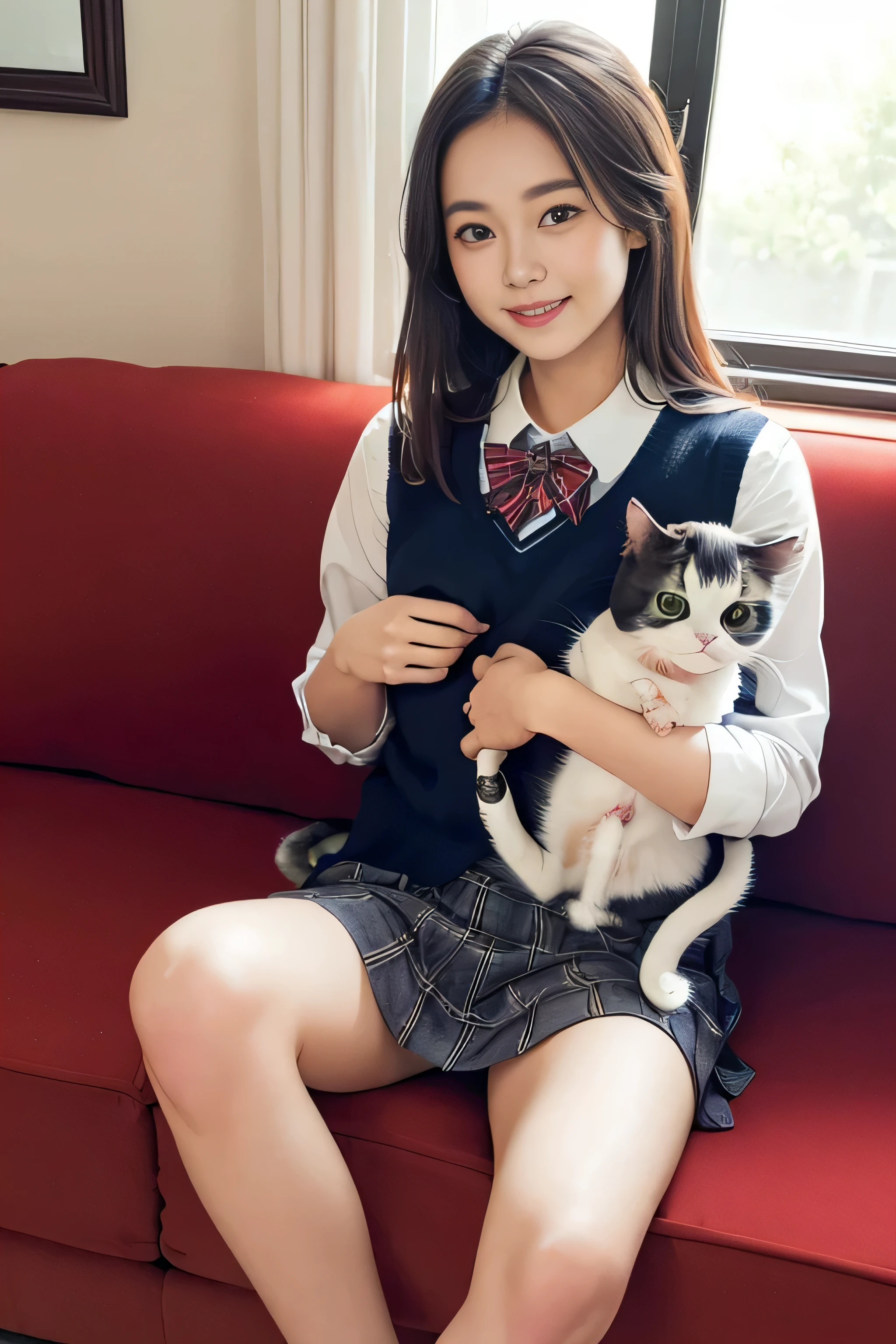 1girl, extremely cute face, (highly detailed eyes, highly detailed face), (hyper-realistic, hight resolution), (best Quality:1.4), Raw photo, (Realistic, Photorealsitic:1.37), Professional Photography, Cinematic Light, (lace bra:1.25), (amazing breasts:0.8), (pink school uniform, pleated mini skirt:1.5), (school uniform with open breasts), Smile slightly, Sitting, spread your legs wide, Staring at me, outdoor, meadow, lawn, bench, (Holding a cute kitten to your chest:1.2), dazzling lighting,