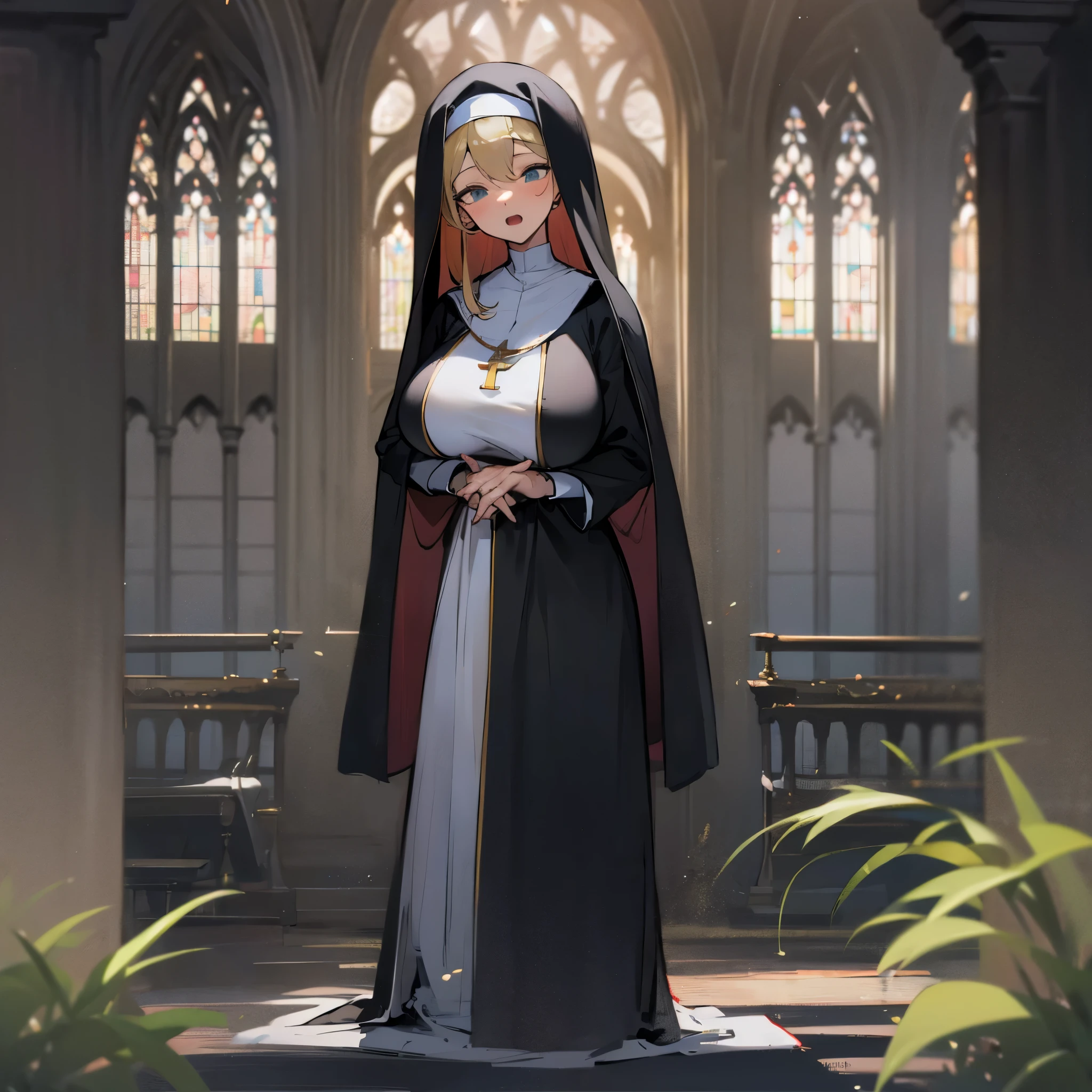 solo 1 praying num standing in church, praying with holding hands together, long (black sheer nun's robe:1.3), wearing nothing under (black nun's robe), (huge breasts:1.2), black (sheer long skirt), inconceivably thin waist, closing eyes, nose blush, open mouth, (heavy breathing:1.2), stained glass, 8k