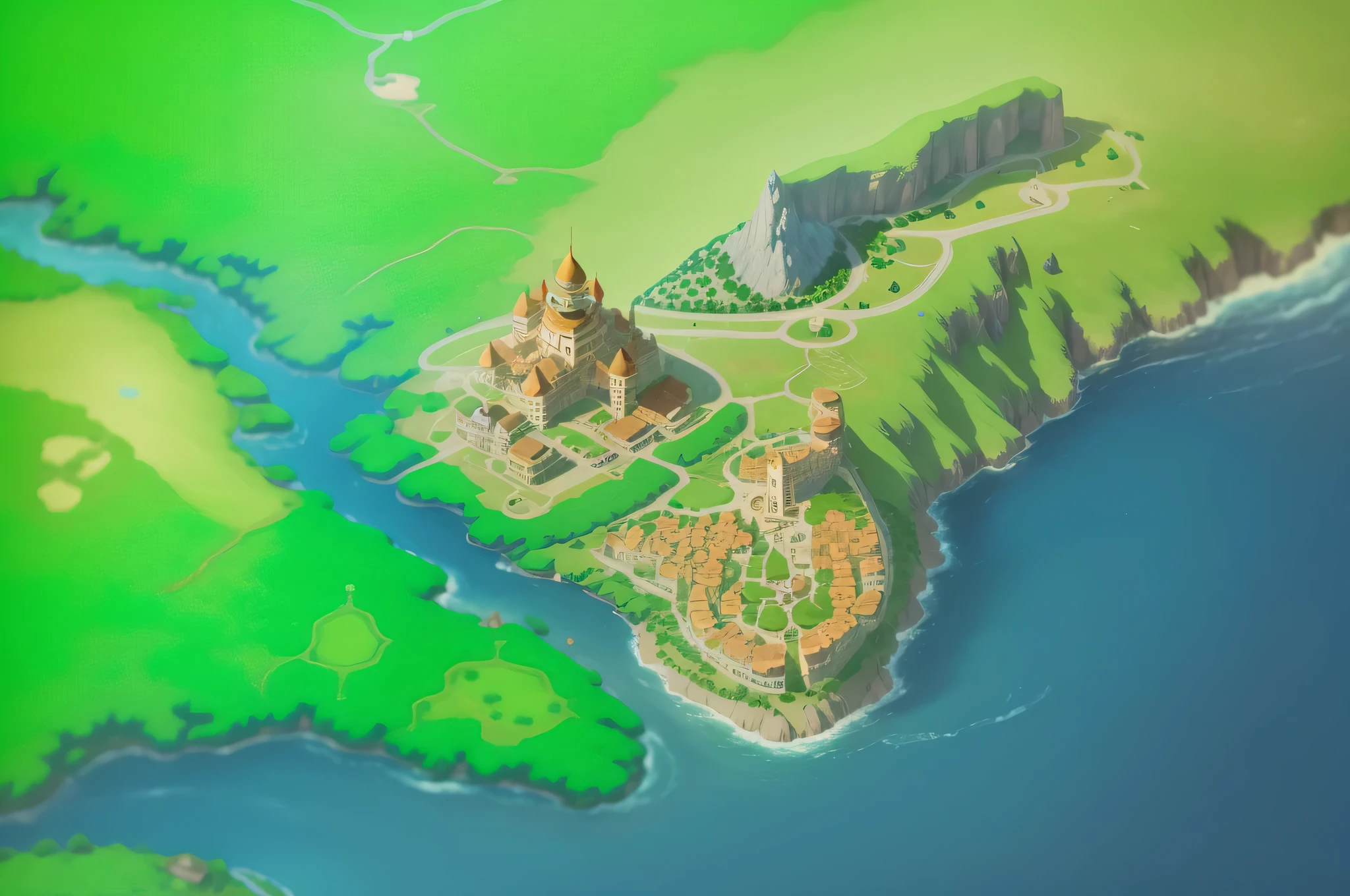 mapa do jogo com muitos locais diferentes, mapa do jogo, Interface do jogo, terreno montanhoso, Imagens do jogo, Interface do jogo, detailed scenery—width 672, mobile game style, chinese three kingdoms, game overlay, Jogabilidade, Onmyoji, mapa detalhado, mapa regional da fantasia antiga, Isekai, legend of korra setting, mapa de vista superior, Cidade, reino com porto, casas pequenas, montanhas, Castelo na montanha.
