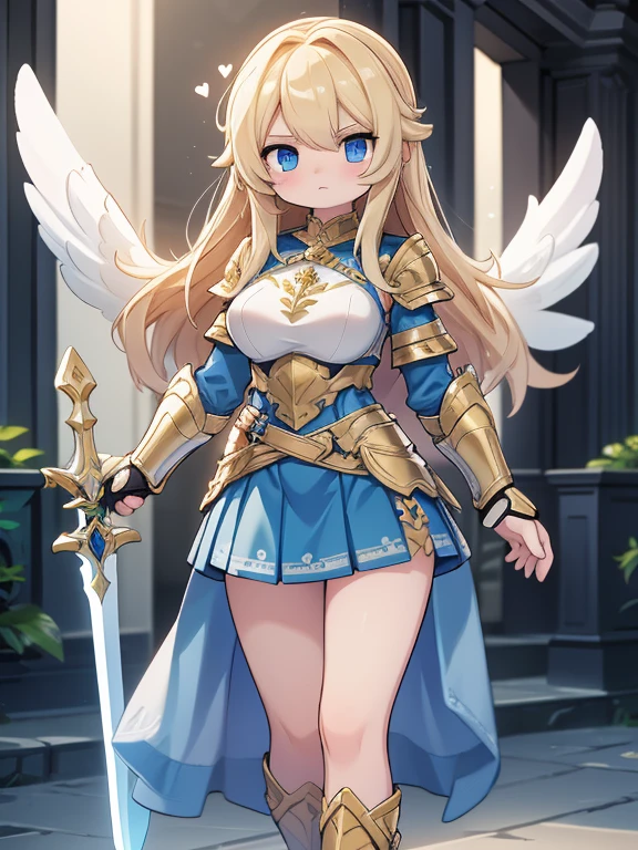 Angel girl, 1.50 meters tall, 18 years old, golden blonde hair, blue eyes, wearing Spartan style armor up to her waist and a skirt that reaches mid-thighs with arm guards and low-heeled sandals that cover up to her silver colored knee breasts H cup heart shaped waist with two pairs of large white wings measuring 1 meter long and wide and a sword at her waist a silver colored Spartan shield in her left hand and a spear of light in his right hand with a serious look