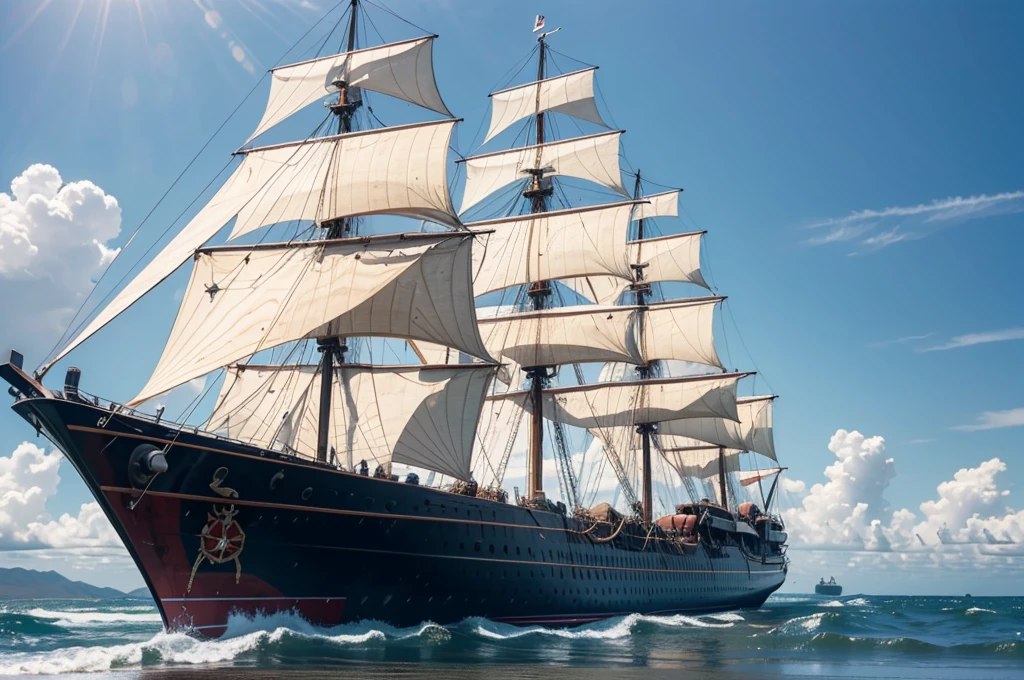 Em alto mar, um antigo navio pirata, imenso, long and long and all made of wood with visible cannons, pronto para dispara o poder, strength and superiority.