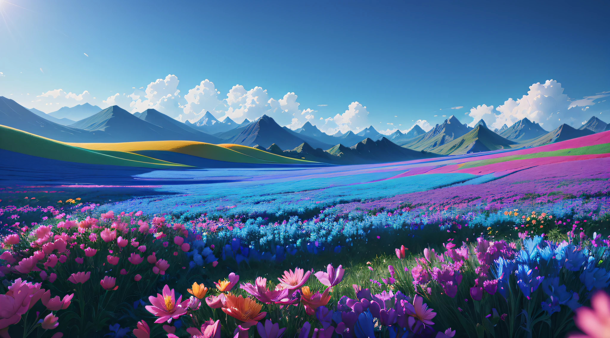 vibrant blue tinted colors, skyscraper, highly saturated colors, Fujifilm Fujichrome Provia 100F film, flower field, purity and dreamy symbolism, (muted colors:1.2), (photon mapping), octane render + hyper realistic, storage, (8k), hdr, sunny,