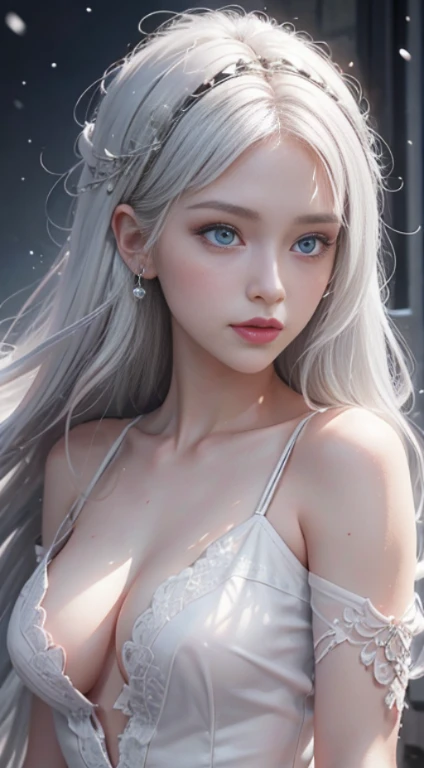 Platinum Blonde Fine Hair、(silver-white hair:1.5), (snow-white hair:1.1), (silver eyes:1.1), Super long silky straight hair, Bangs on the face and eyes, (Gray big eyes:1.1), Sheer White And Wet Nightgown Snow White Summer Dress, Nordic Youth, Perfect bodies, Very nice and cute, White muscles, Glowy skin, Youthful and beautiful skin, Perfect Beautiful Face Makeup, thin pink lips, Vivid expression、1 , advertisement, Misleading、{Smoke}、Viewer's vision, The perspective of a bokeh atmosphere, more detailed, cinema light, intricately-detailed, hight resolution, Detailed features of the face design, High Details, Clear Focus, smoothness, aesthetics, printed, octans, {{tmasterpiece}}.