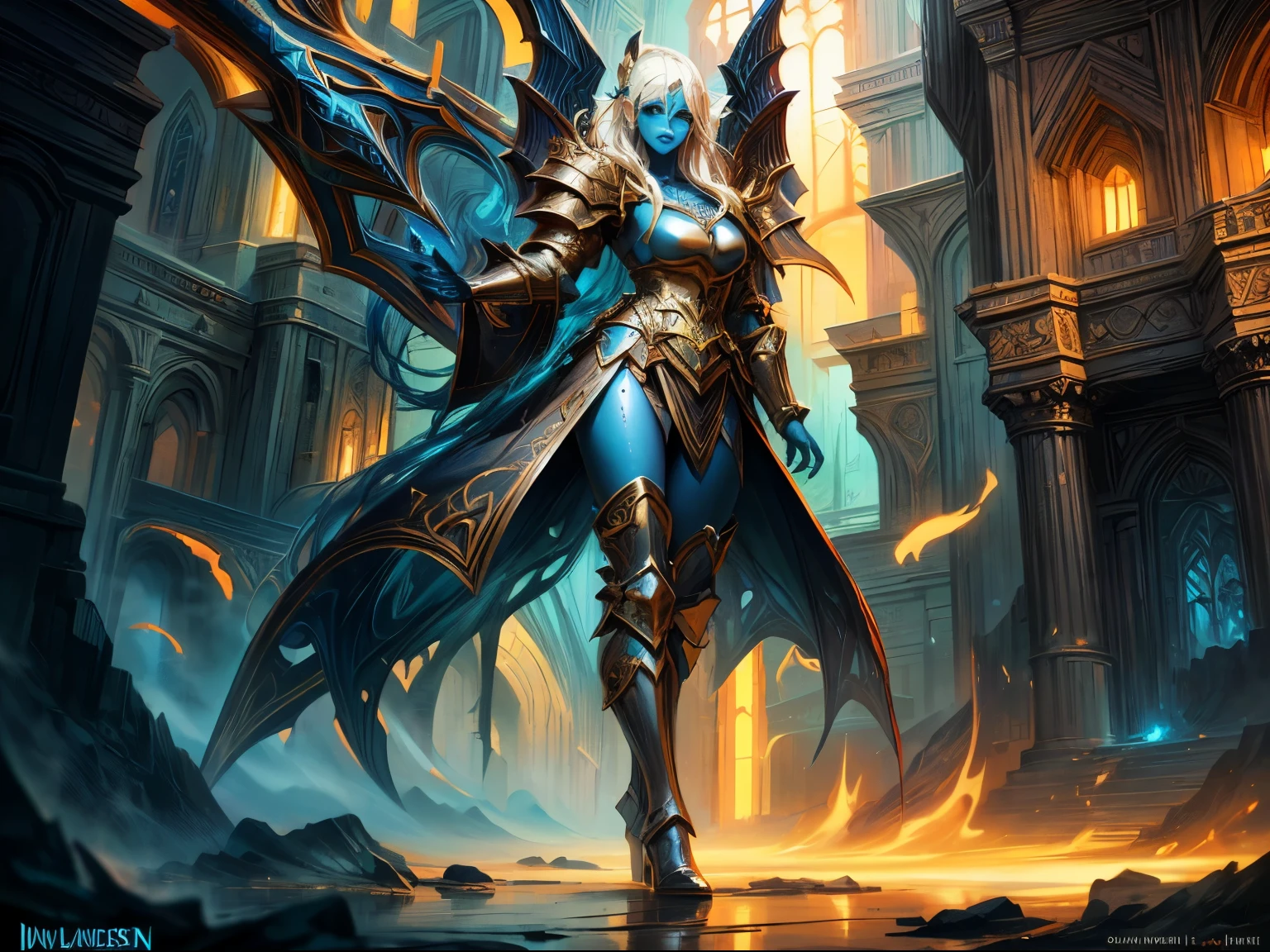 fantasy art, dnd art, RPG art, wide shot, (masterpiece: 1.4) portrait, intense details, highly detailed, photorealistic, best quality, highres, portrait a vedalken female (fantasy art, Masterpiece, best quality: 1.3) ((blue skin: 1.5)), intense details facial details, exquisite beauty, (fantasy art, Masterpiece, best quality) cleric, (blue colored skin: 1.5) 1person blue_skin, blue skinned female, (white hair: 1.3), long hair, intense green eye, fantasy art, Masterpiece, best quality) armed a fiery sword red fire, wearing heavy (white: 1.3) half plate mail armor CM-Beautiful_armor wearing high heeled laced boots, wearing an(orange :1.3) cloak, wearing glowing holy symbol GlowingRunes_yellow, within fantasy temple background, reflection light, high details, best quality, 16k, [ultra detailed], masterpiece, best quality, (extremely detailed), close up, ultra wide shot, photorealistic, RAW, fantasy art, dnd art, fantasy art, realistic art,