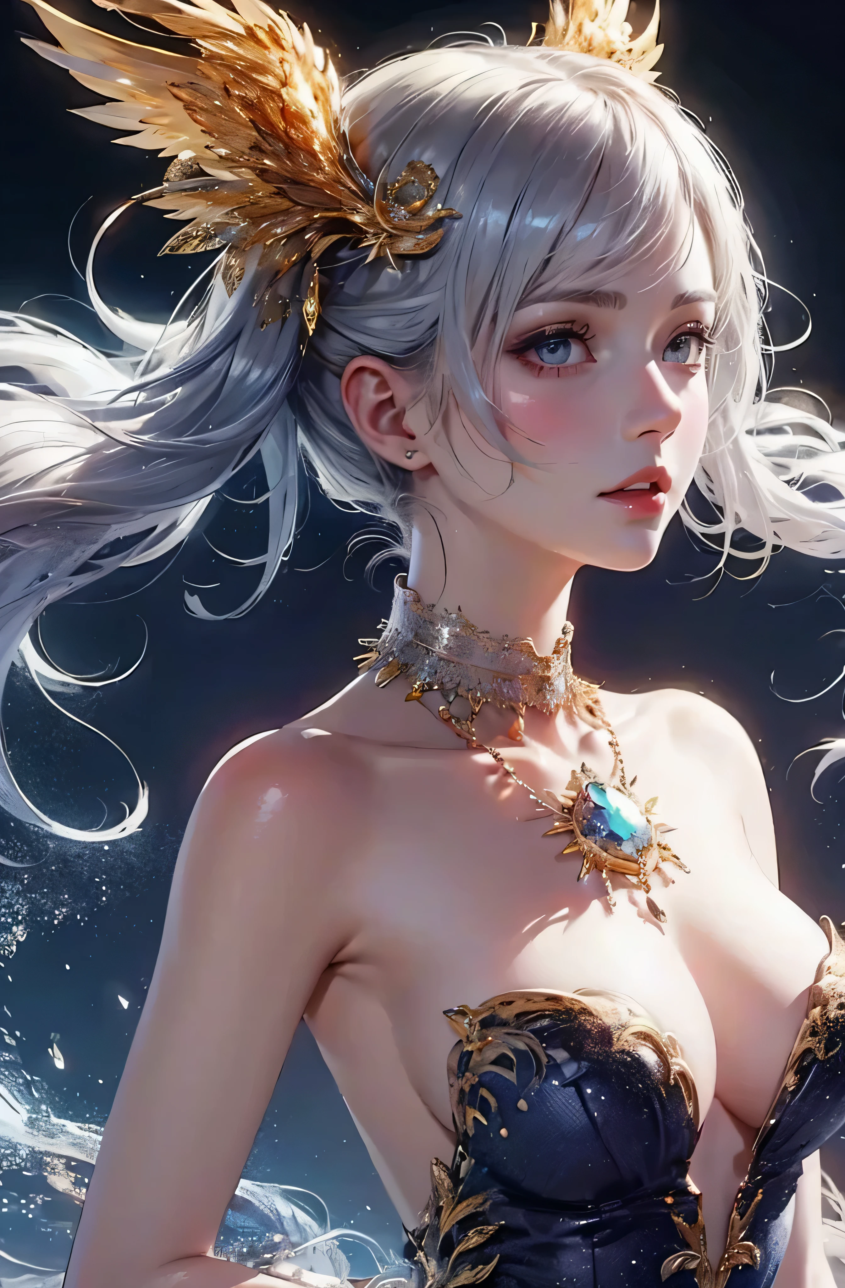 Castle in the distance、The face is front、Looking at the camera、profile、8K、realphoto、超A high resolution, Master Parts, Best Quality, nffsw , cinematic images,Lovely girl、ann、16 only、annグロサクソン、二重まぶた、drooing eyes、Very big eyes、Eyes purple、Dark eye shadow、The lips are very thin、The tip of the nose stretches beautifully...........................................、small nostrils,,,,, ighly detailed , Silver hair、Straight short hair、ssmile、 Sweet look 、)、Very clear shadows , jewely , A detailed eye, very intricate, shiny skins , パーフェクトブリリannト, Perfect Lighting, Dramatic shadows、White tiara on head、Gold necklace around the neck、White aristocratic dress with gold embroidery、Glass High Heels、Angel White Wings