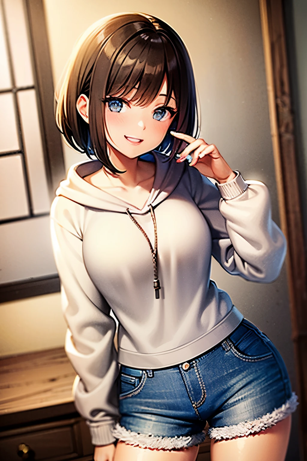 (High quality, High resolution, Fine details), Realistic, Alley, (Zip down:1.3), (Zip Hoodies), (underwear:1.3), solo, curvy women, sparkling eyes, (Detailed eyes), smile, (blush), Sweat, Oily skin, shallow depth of field