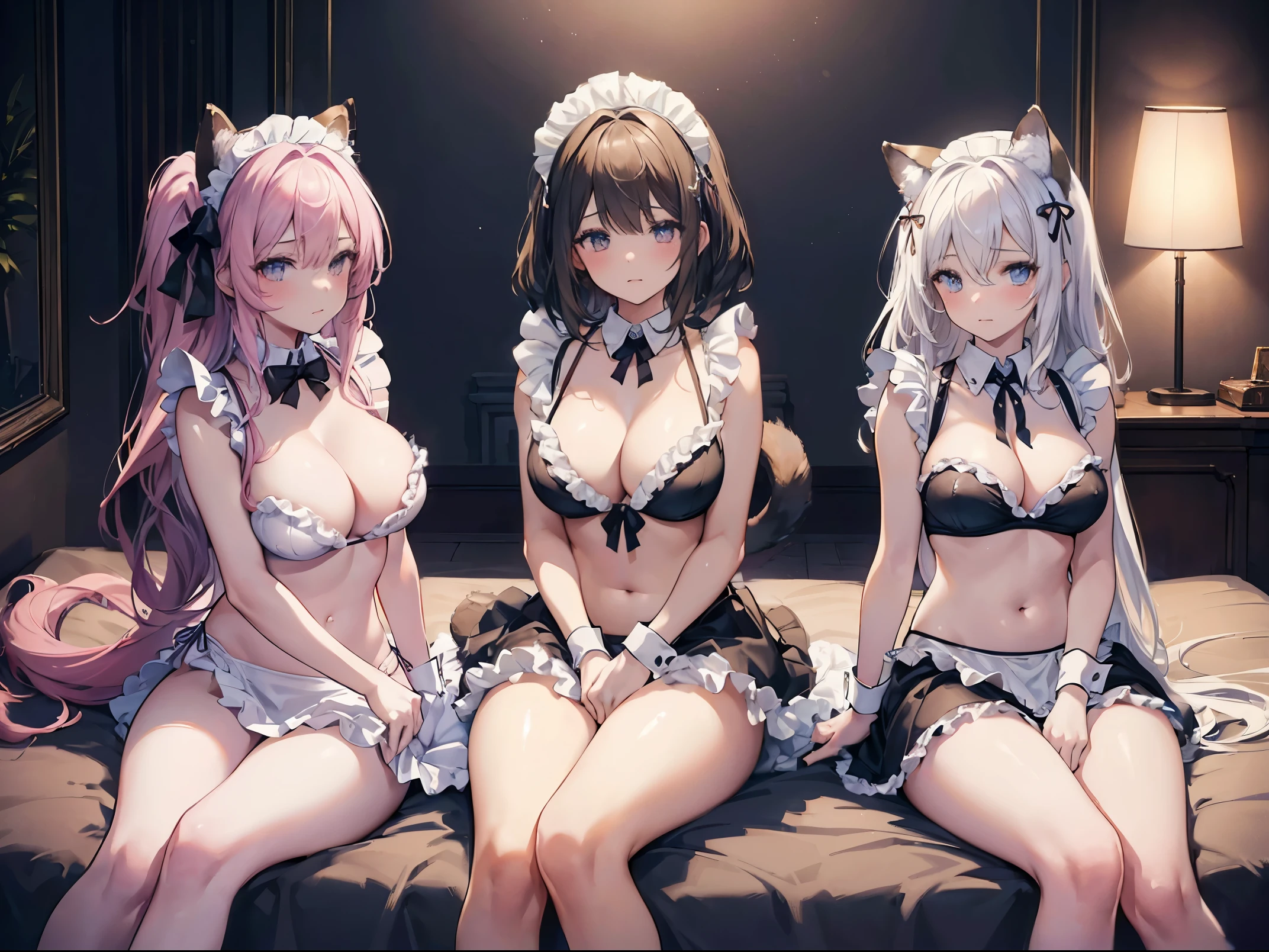 (NSFW), (((four girls))), (((girls group))), (((Group illustration))), (((sitting side-by-side))), ((from Front)), (on large bed), (white sheet), (bedroom), (((animal maid girls))), ((animal ears girls)), ((animal tails girls)), ((glamour bodys)), ((Various expressions)), (((maid style bikini))), (((maid frill))), (night), (erotic girls), (sensual girls), (warm color scheme), Extremely exquisite body, beautiful detailed glow, cinematic lighting, 4K illustration, masterpiece, best quality, by top artist, by famous artist, by plo artist, Fantasy