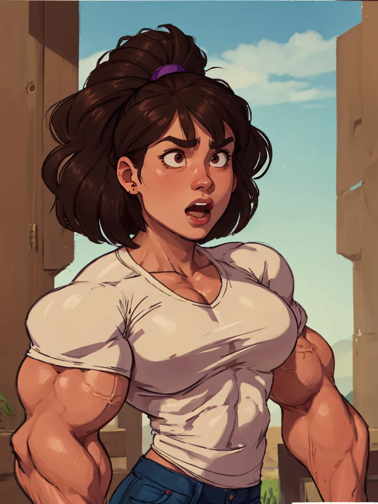 muscle girl with High cheekbones and a strong jawlineflexing muscles wearing purple muscle shirt and light blue jeans, her hair a rich chestnut brown, giving her a dynamic and youthful appearance, muscle woman, big muscles, huge muscles, massive muscles, muscle girl, bronze skin, Her facial features are a mix of determination and kindness, with expressive eyes that radiate a sense of adventure