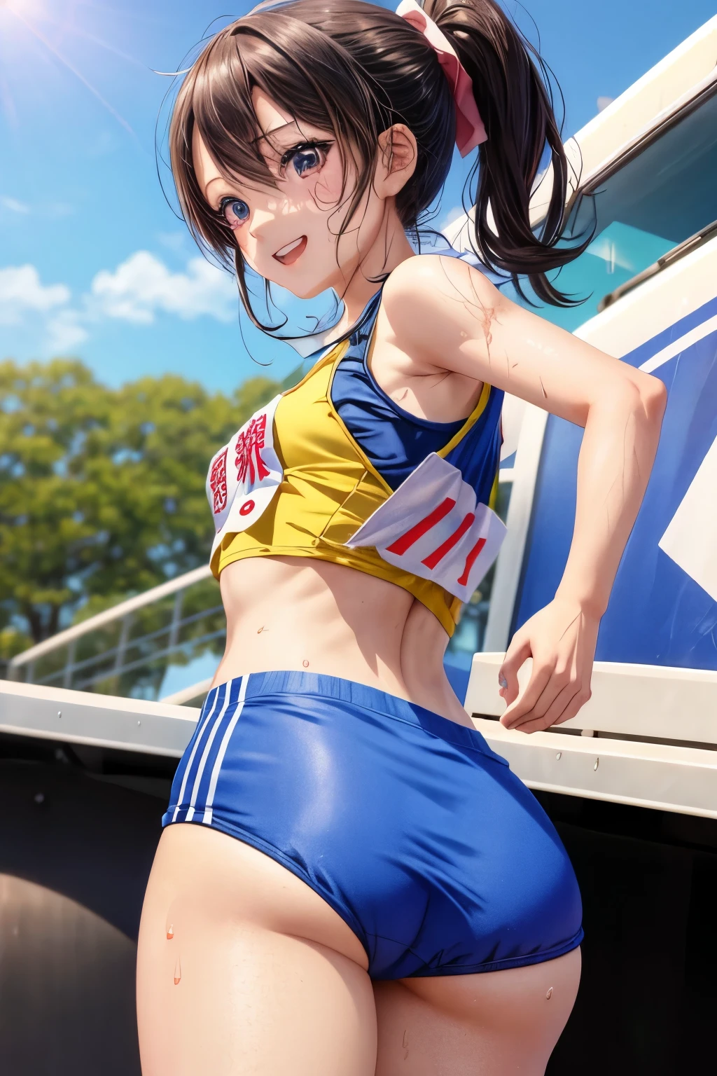 Anime in sportswear poses on a truck,clear abdominal movement, athletic body, A seductive anime girl, Smooth Anime CG Art, cute sportswear, 詳細なdigital anime art, Sporty, charming anime girls, realistic anime 3 d style, photorealistic animeの女の子レンダリング, photorealistic anime, the anime girl is running, digital anime illustration, realistic anime art style, digital anime art、top-quality、lighting like a movie、full of sweat、ssmile、s ass、backs、Rear view、poneyTail、